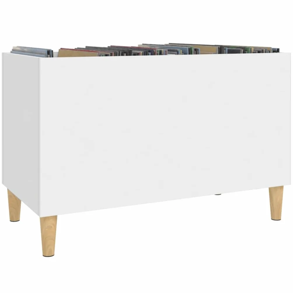Biała szafka z płyt drewnopochodnych z drewnianymi nogami 74,5 x 38 x 48 cm, przestronny kredens do salonu, uniwersalna szafka pod telewizor i regał na płyty CD do porządnej kolekcji muzyki