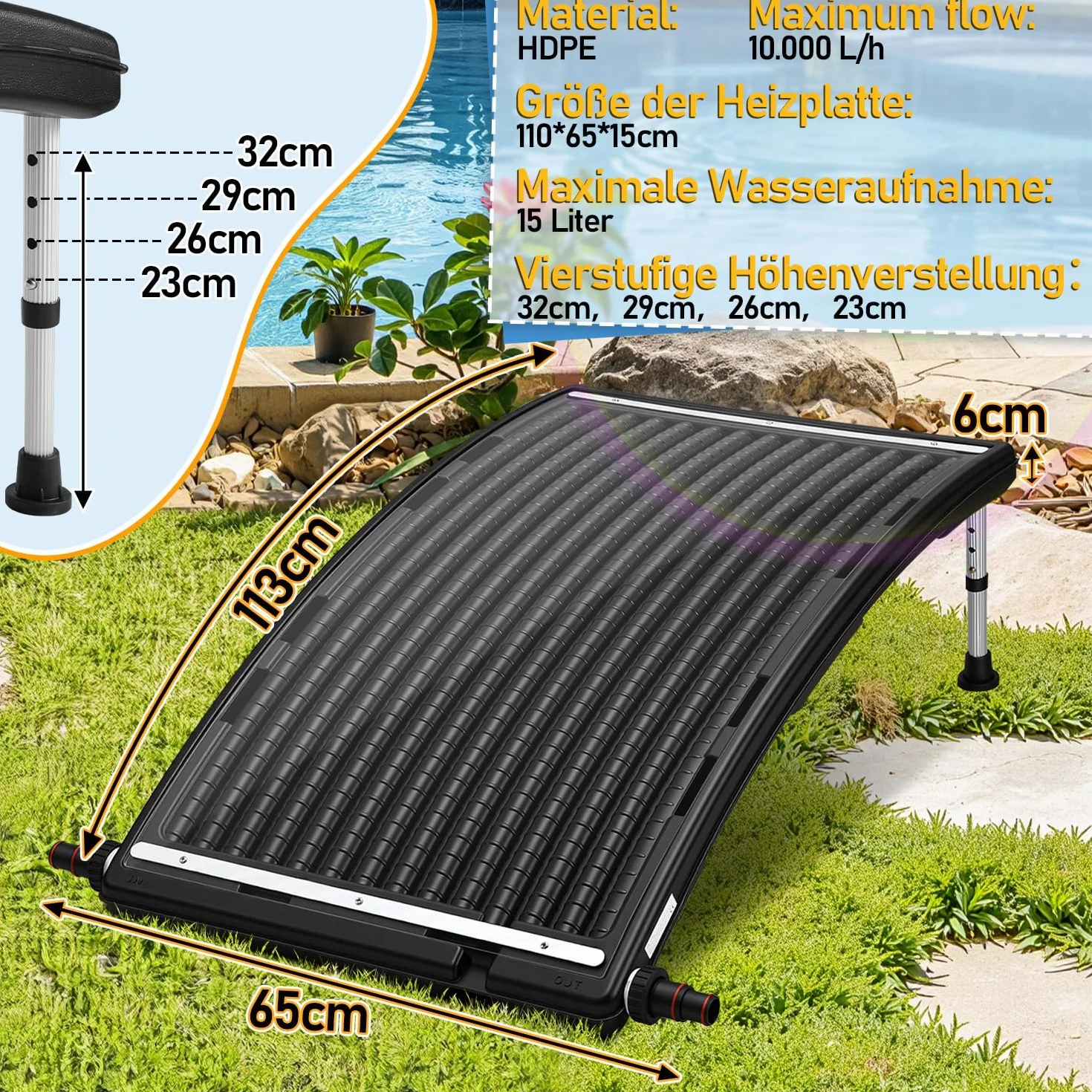Solarne ogrzewanie basenu, kolektor solarny 110 x 65 x 35 cm, z regulacją wysokości, 10 000 l/h, przyłącze 38 mm, możliwość rozszerzenia, do ciepłej wody, prysznica ogrodowego, basenu