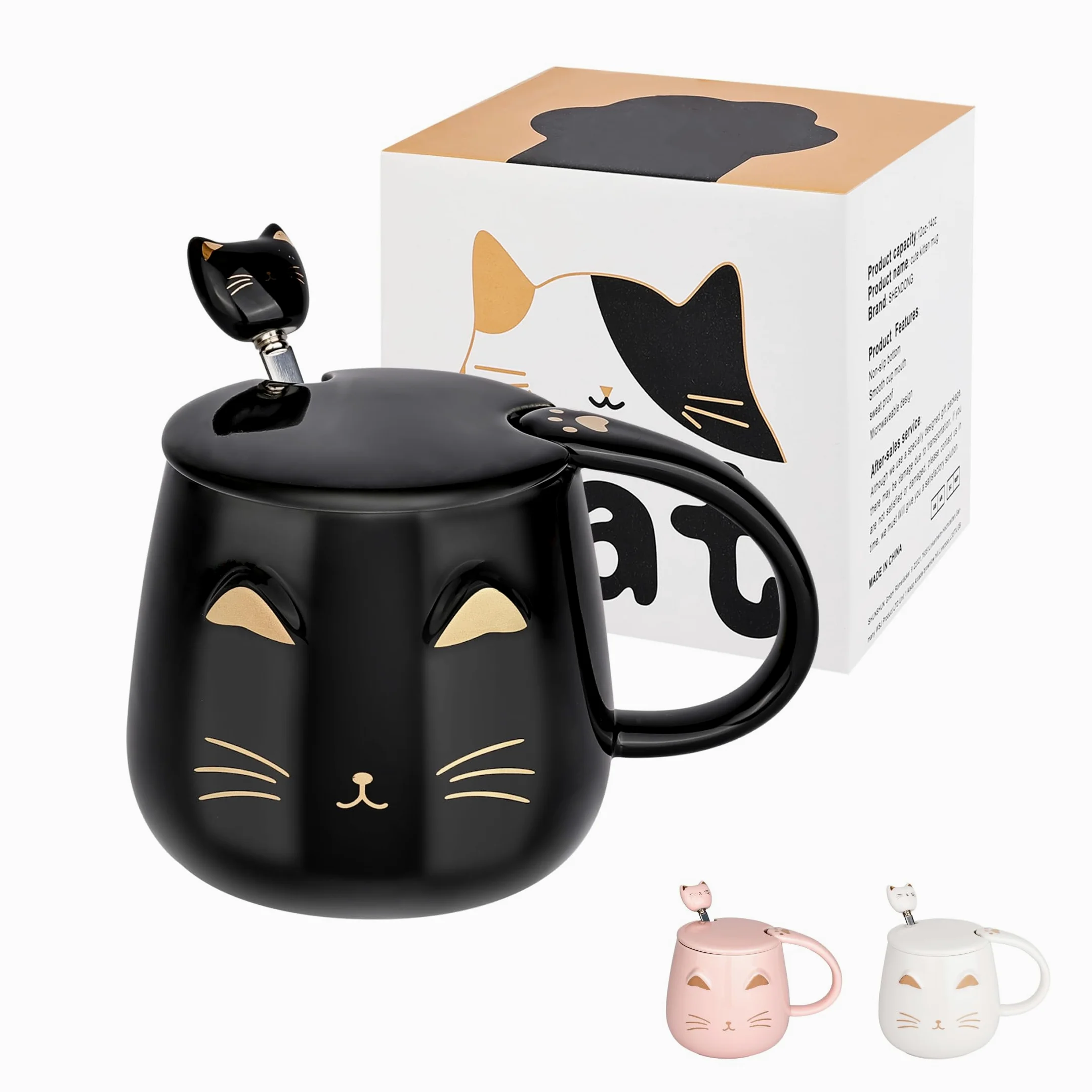 Uroczy kubek z kotem, ceramiczny kubek do kawy z pokrywką Kawaii i uroczą łyżeczką ze stali nierdzewnej, nowatorski poranny kubek do kawy, mleka, herbaty, kubki 3D, dla miłośników kotów
