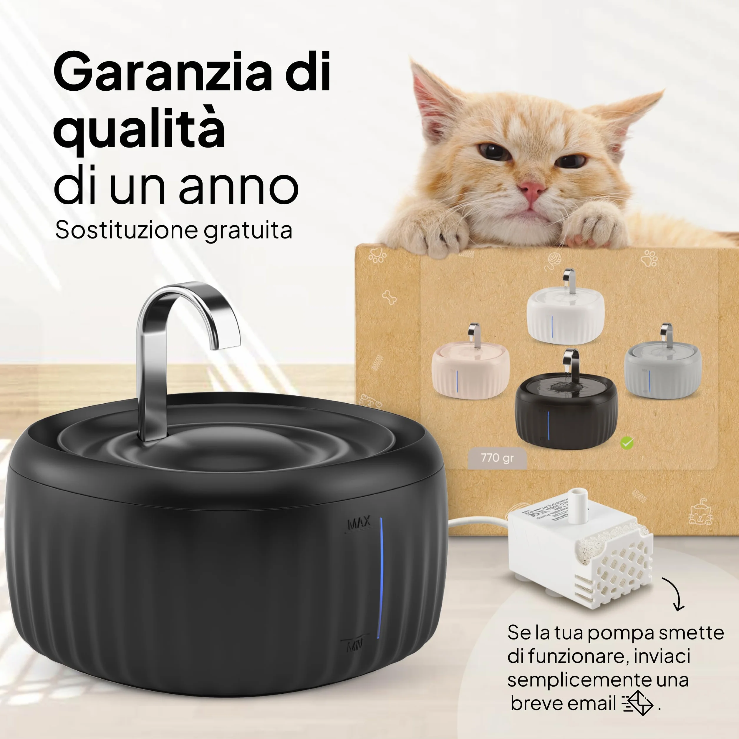 Pretty Paw Fontanna dla kotów 3L z LED Poziomu Wody - Cicha Praca Nocą, Ruch Wody Zachęca Do Picia, Elementy Do Zmywarki - Aqua Flow (czarny)