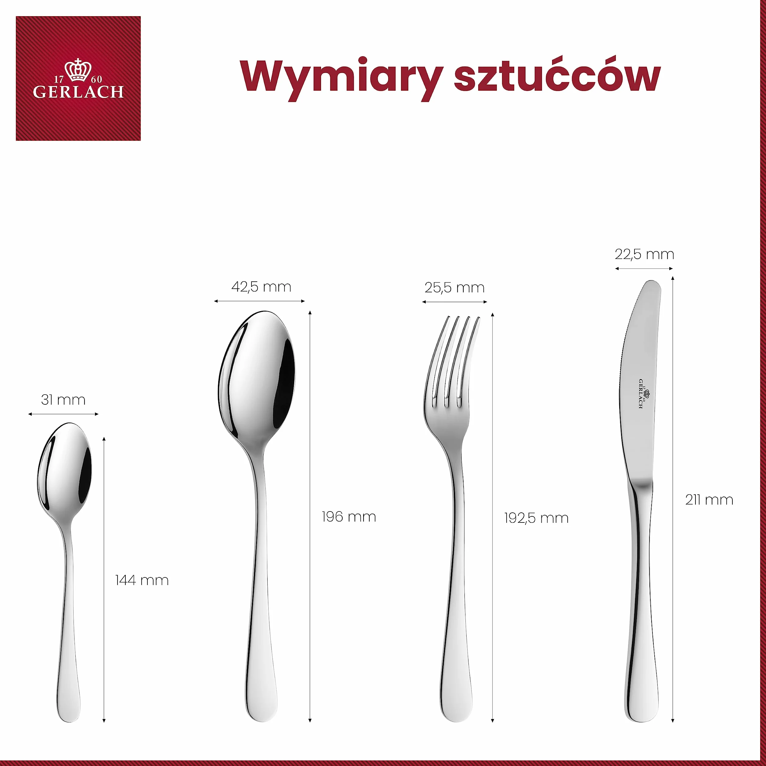 Gerlach Flow Zestaw Sztućców Dla 6 Osób Ze Stali Szlachetnej Nierdzewny Komplet Łyżka Widelec Nóż Obiadowy Łyżeczka Do Zmywarki Połysk 24 El