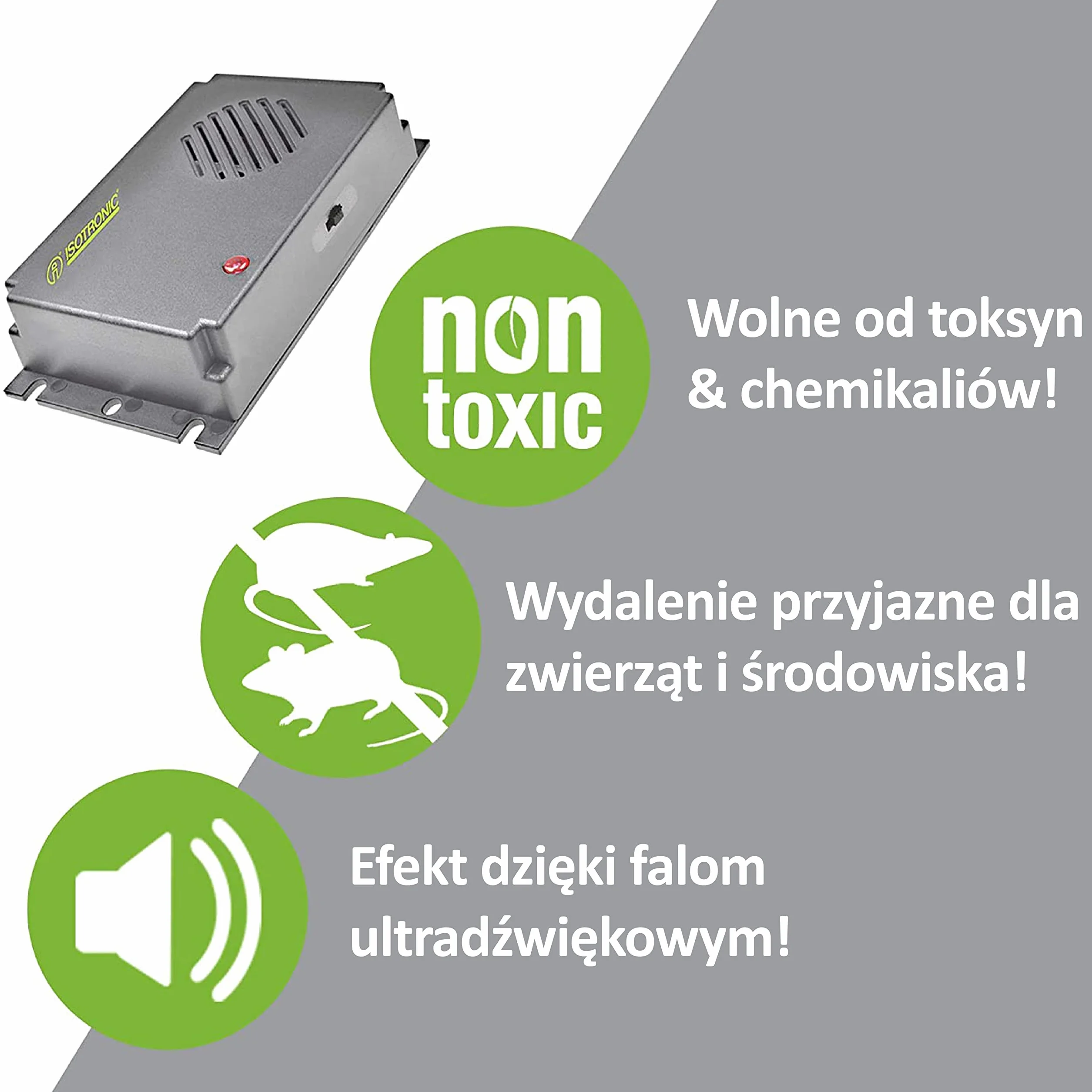 ISOTRONIC – 2-częściowy zestaw ultradźwiękowych odstraszaczy myszy i szczurów | zasilany bateriami odstraszacz myszy do piwnicy, na strychy, garaże itp. | przyjazny dla zwierząt i bezpieczny | obszar