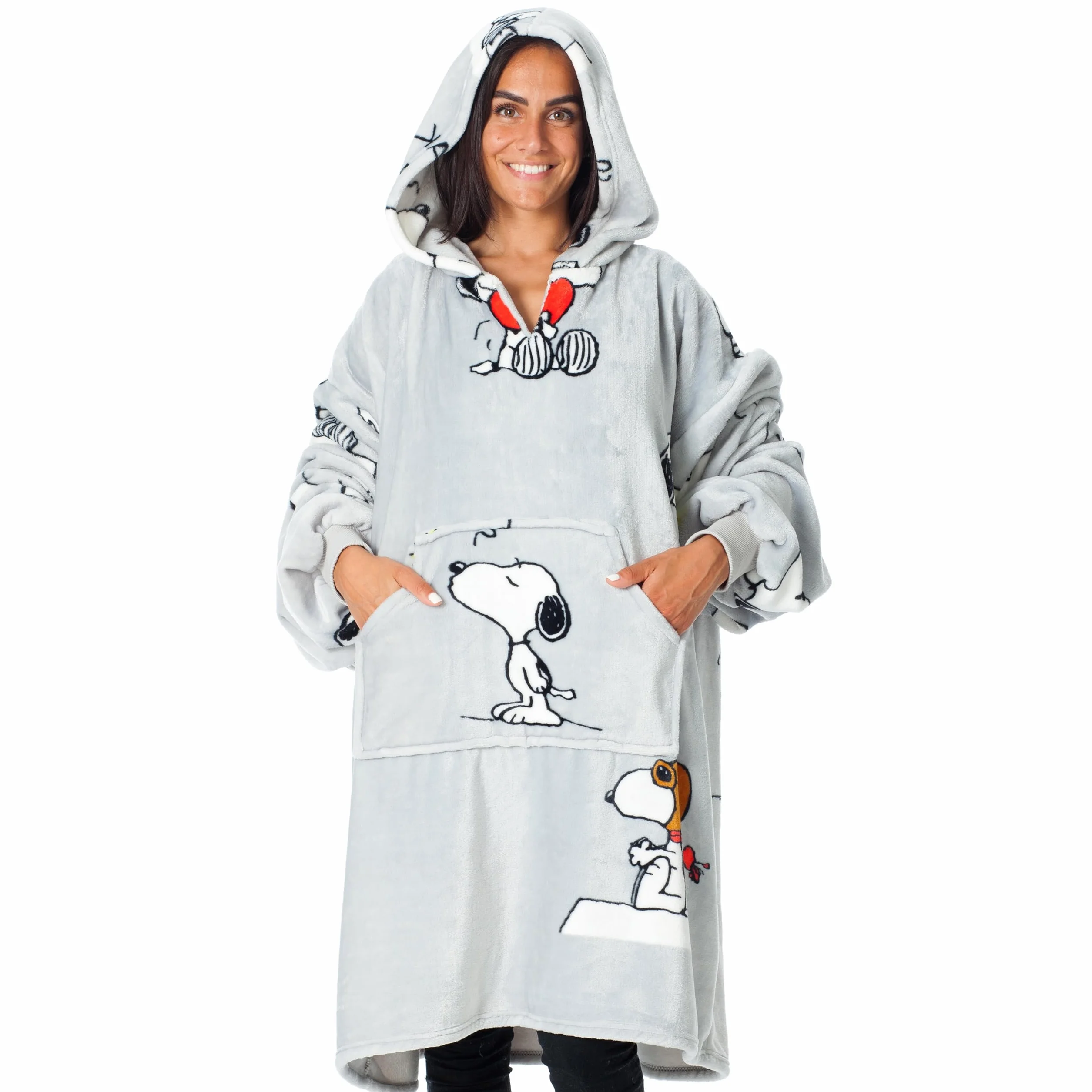 KANGURONE SNOOPY Bluza z kapturem, przenośny koc z mikrofibry mięsnej, z kapturem i kieszenią, pomysł na prezent dla kobiet i mężczyzn, bluza z kapturem oversize, jasnoszara, 95 x 95 cm