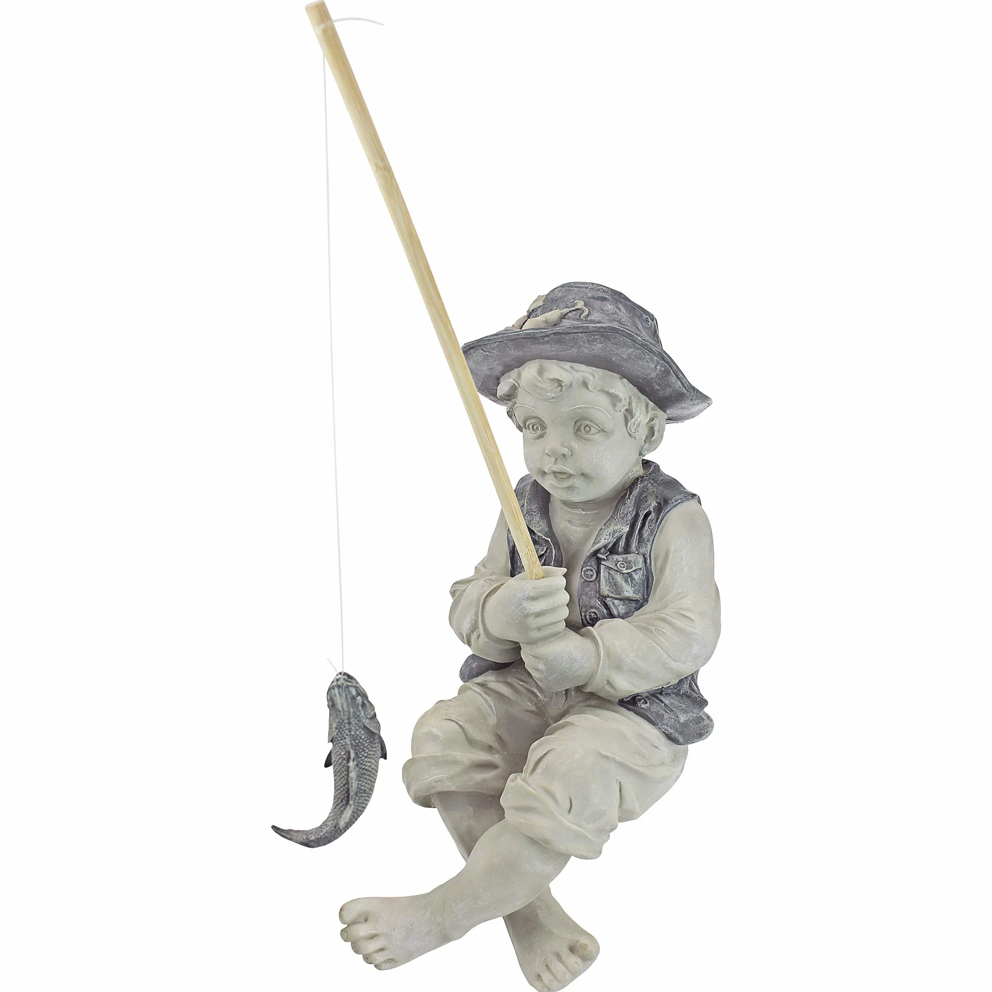 Design Toscano NG32122 Fryderyk Mały Rybak z Awinionu Chłopiec Wędkarstwo Ogród Statua, 38 cm, Żywica Poliestrowa, Dwukolorowy Kamień