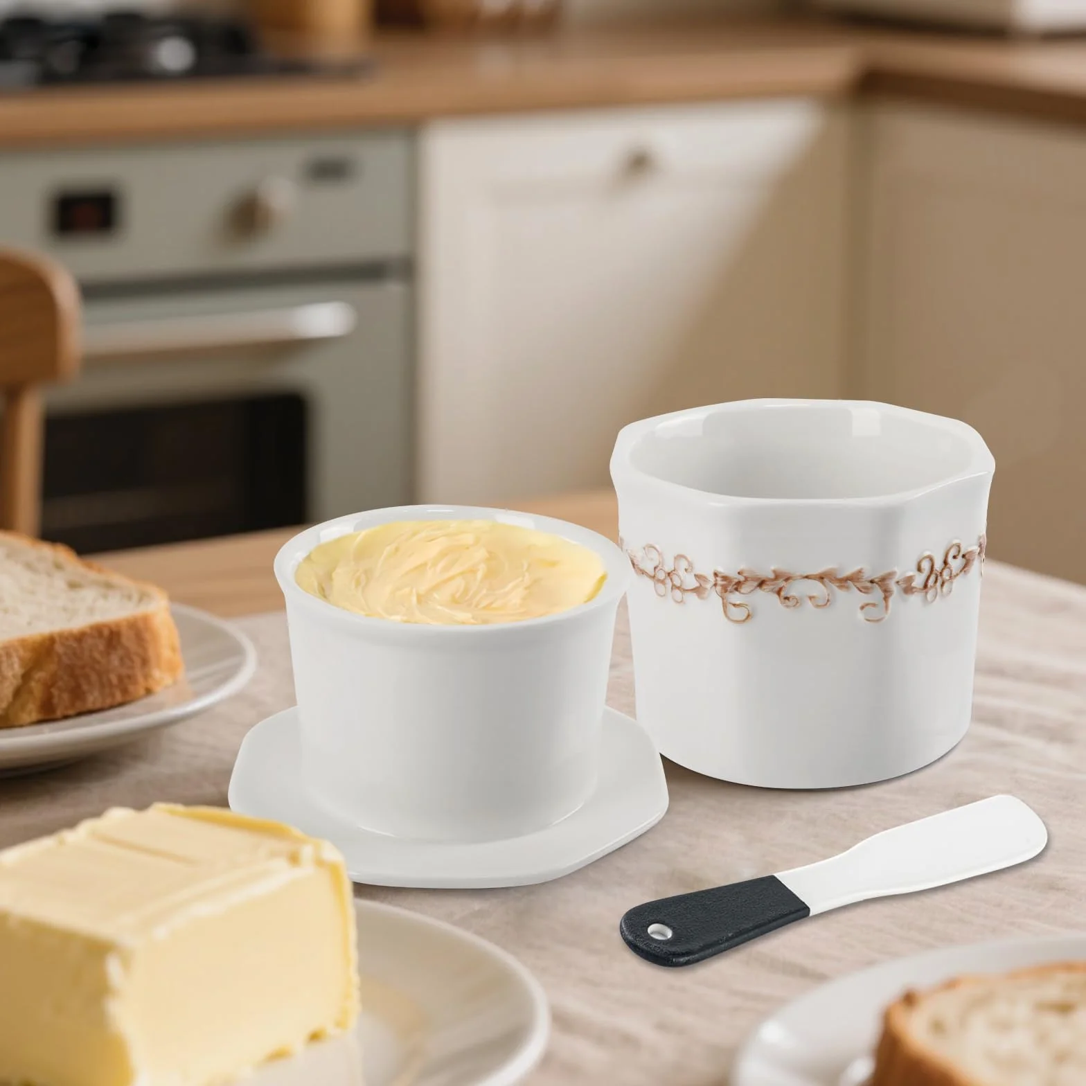 Miska do masła z ceramiki HNCY, 250g Francuska miska do masła, francuski dzban do masła chłodzony wodą z ceramicznym nożem, francuska miska do masła chłodzonego wodą 250g, świąteczny prezent dla