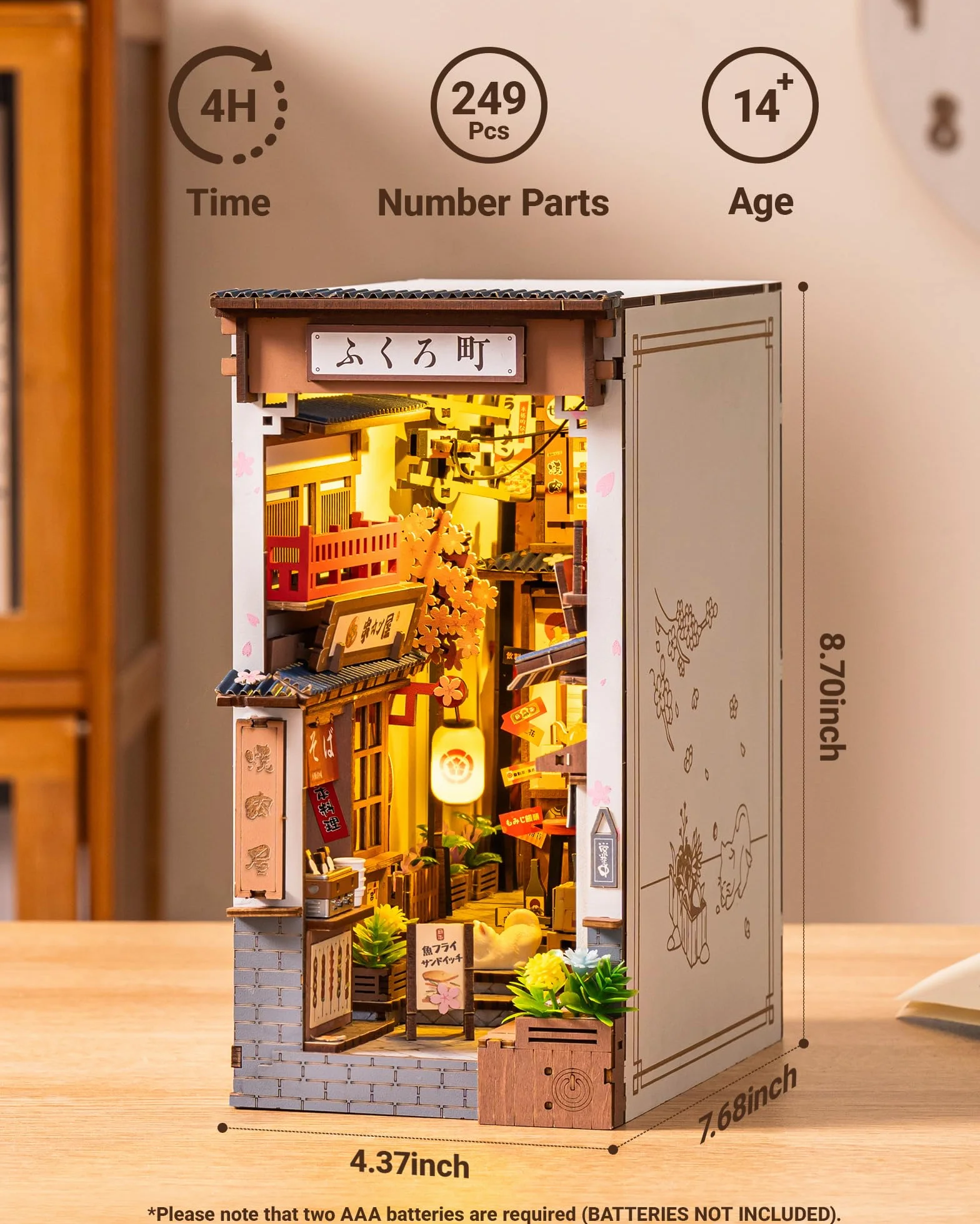 ROBOTIME Zestawy do zakamarków dla dorosłych Sakura Wine Alley, DIY Booknook ze światłami, zestaw do samodzielnego wykonania miniaturowy domek dla lalek, drewniane puzzle, podpórka na książki