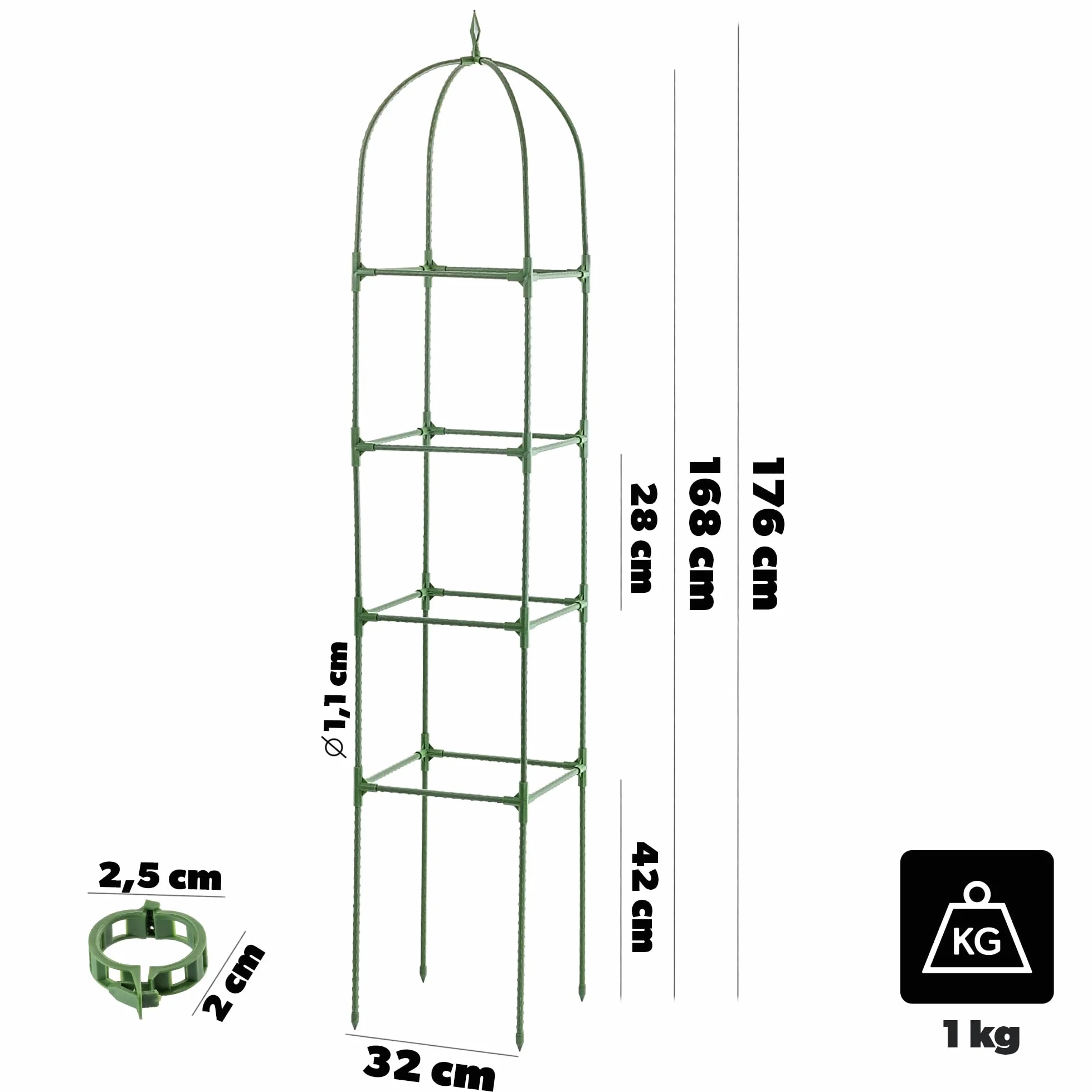 KADAX Obelisk podpora dla roślin pnących, 176 x 32 cm, 1 sztuka, Rankobelisk z 50 klipsami do pomidorów, róż i roślin pnących, podpórka do roślin z metalu z powłoką z tworzywa sztucznego
