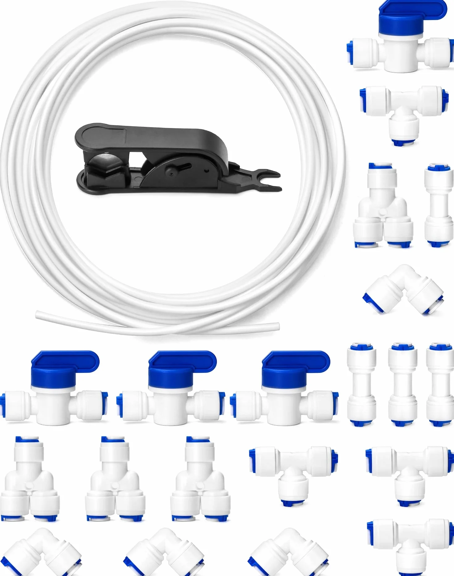 QWORK® 10m 6.35mm (1/4 ") Uniwersalny zestaw przyłączeniowy do rury wlotowej wody (Y + T + I + L typu Combo + zawór odcinający) z przecinakiem do węża, odpowiedni do większości zamrażarek