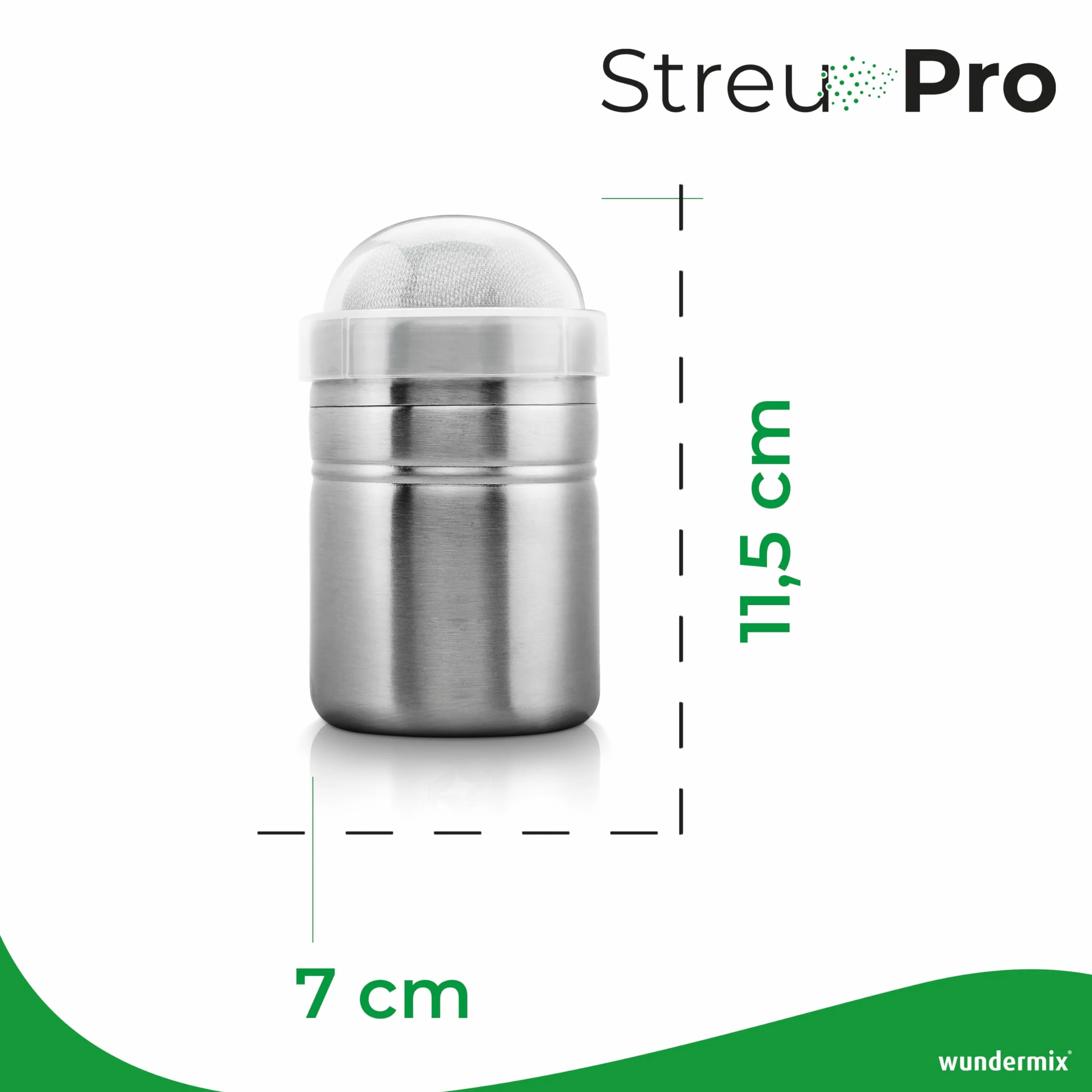 Wundermix - posypywacz StreuPro ze stali nierdzewnej • Posypywacz do cukru, cukru pudru, mąki, kakao i cyny • Do posypywania ciast, cappuccino, gorącej czekolady i nie tylko • Posypywacz do cukru