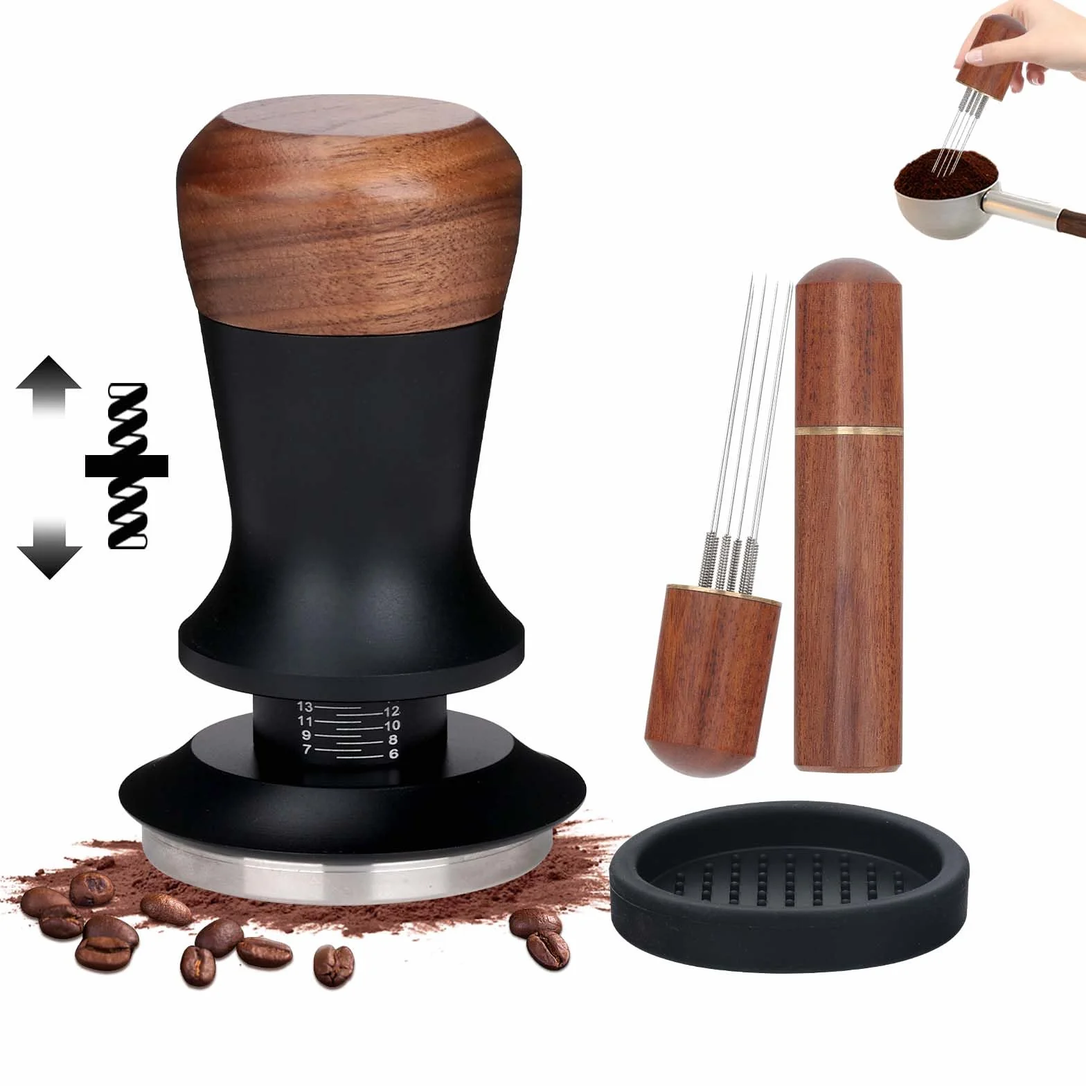 Zestaw Espresso 51 mm 3 w 1, tamper 51 mm z drewnianym uchwytem | Kompletny zestaw: Tamper 51mm, WDT, silikonowa mata do domowej kawy
