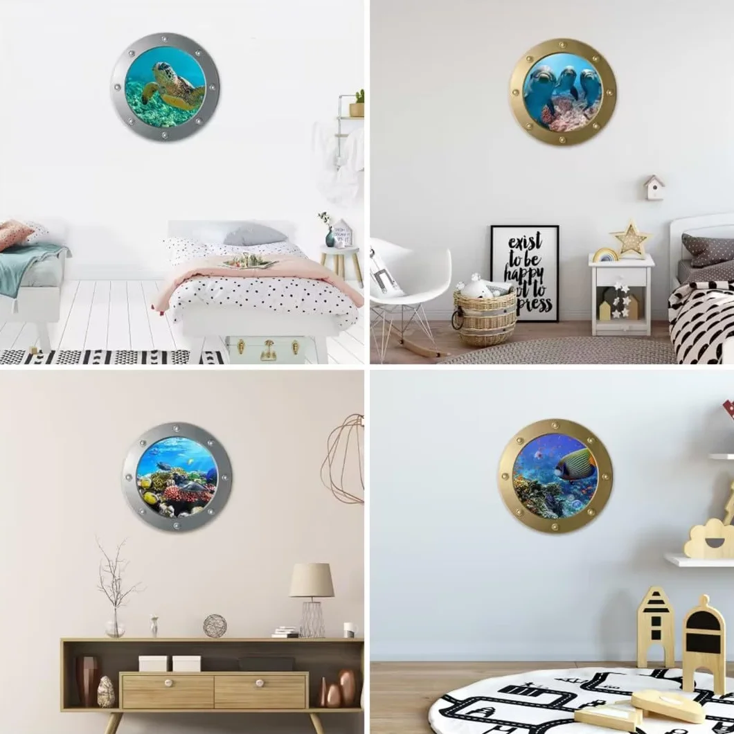 4 sztuki ścienne 3D naklejek podwodny świat, 3D Sea Life, delfin, łódź podwodna, okno, naklejki na płytki, do łazienki, obraz, dekoracja