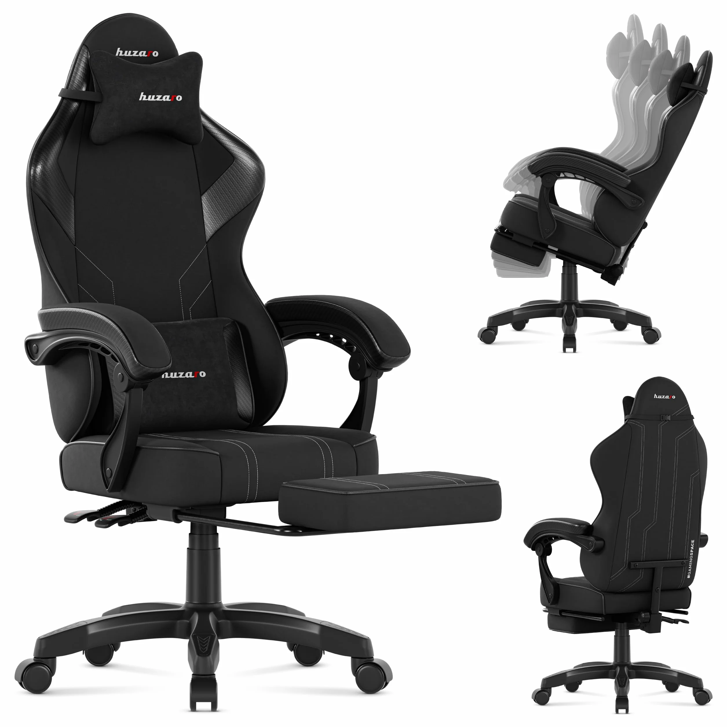 huzaro Force 3.7 Ergonomiczne krzesło do gier | Fotel dla gracza z podnóżkiem i poduszką lędźwiową | pochylone oparcie, wygodne podłokietniki, oddychająca tkanina, ciche kółka | czarny karbonowy