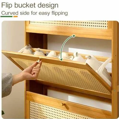 Smukła szafka na buty z rattanu z uchylnym pojemnikiem, organizer do przedpokoju i salonu z 3 szufladami, oddychający design z bambusa, 50 x 17 x 120 cm
