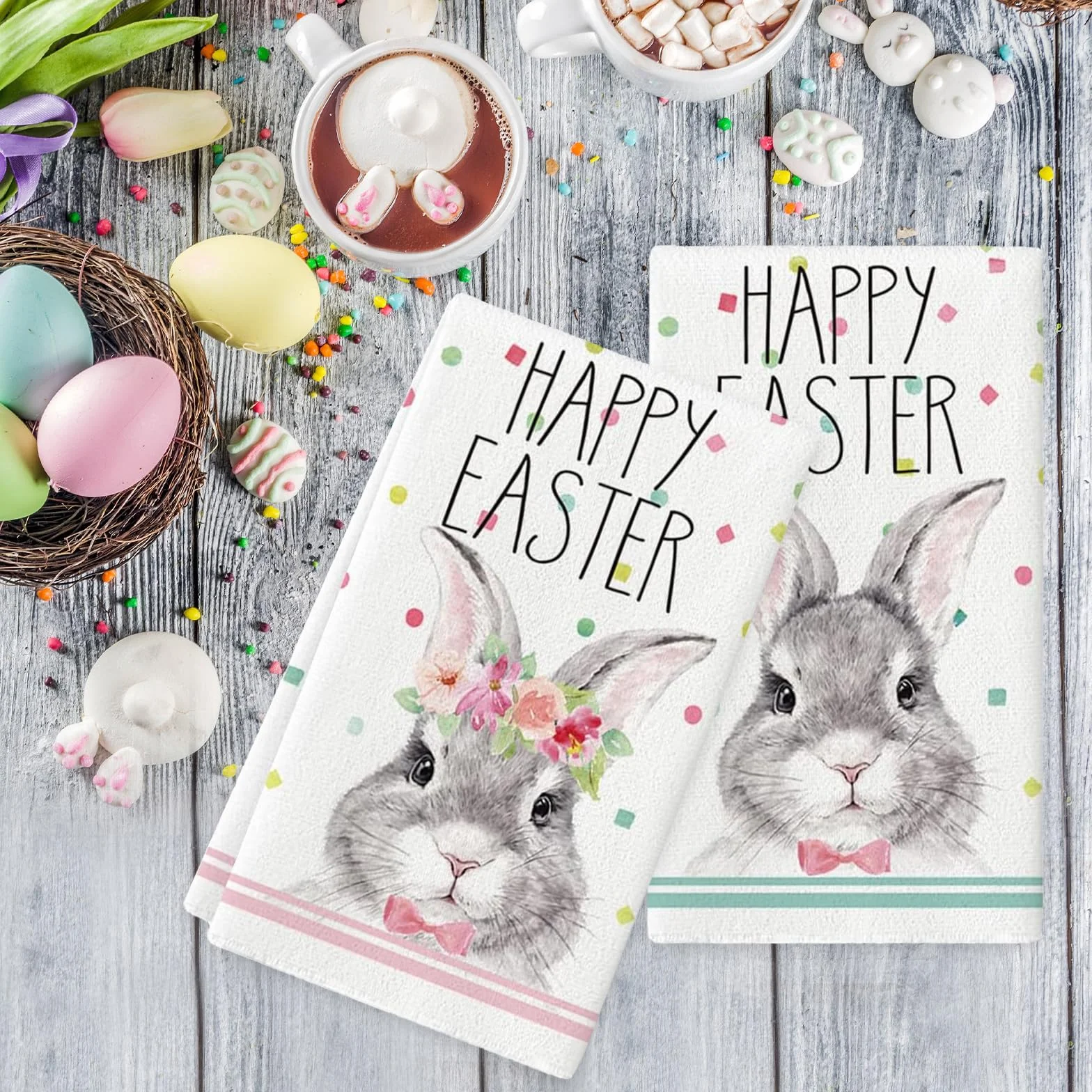 2 ściereczki do naczyń Happy Easter, Happy Easter, 43 x 66 cm, ręczniki do naczyń, bawełniane ręczniki wielkanocne, idealne jako dekoracja wielkanocna do domu/A
