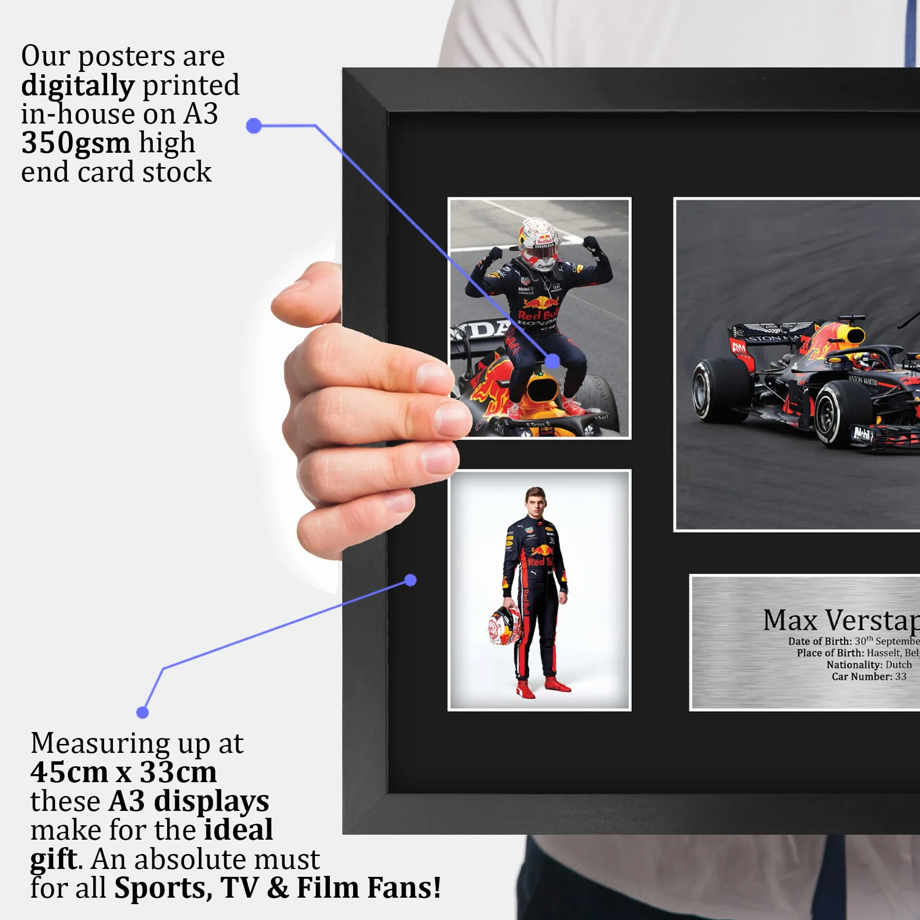 HWC Trading FR A3 Max Verstappen Gifts drukowany autograf wyświetlacz prezentacyjny dla fanów wyścigów Formuły 1, A3, oprawiony