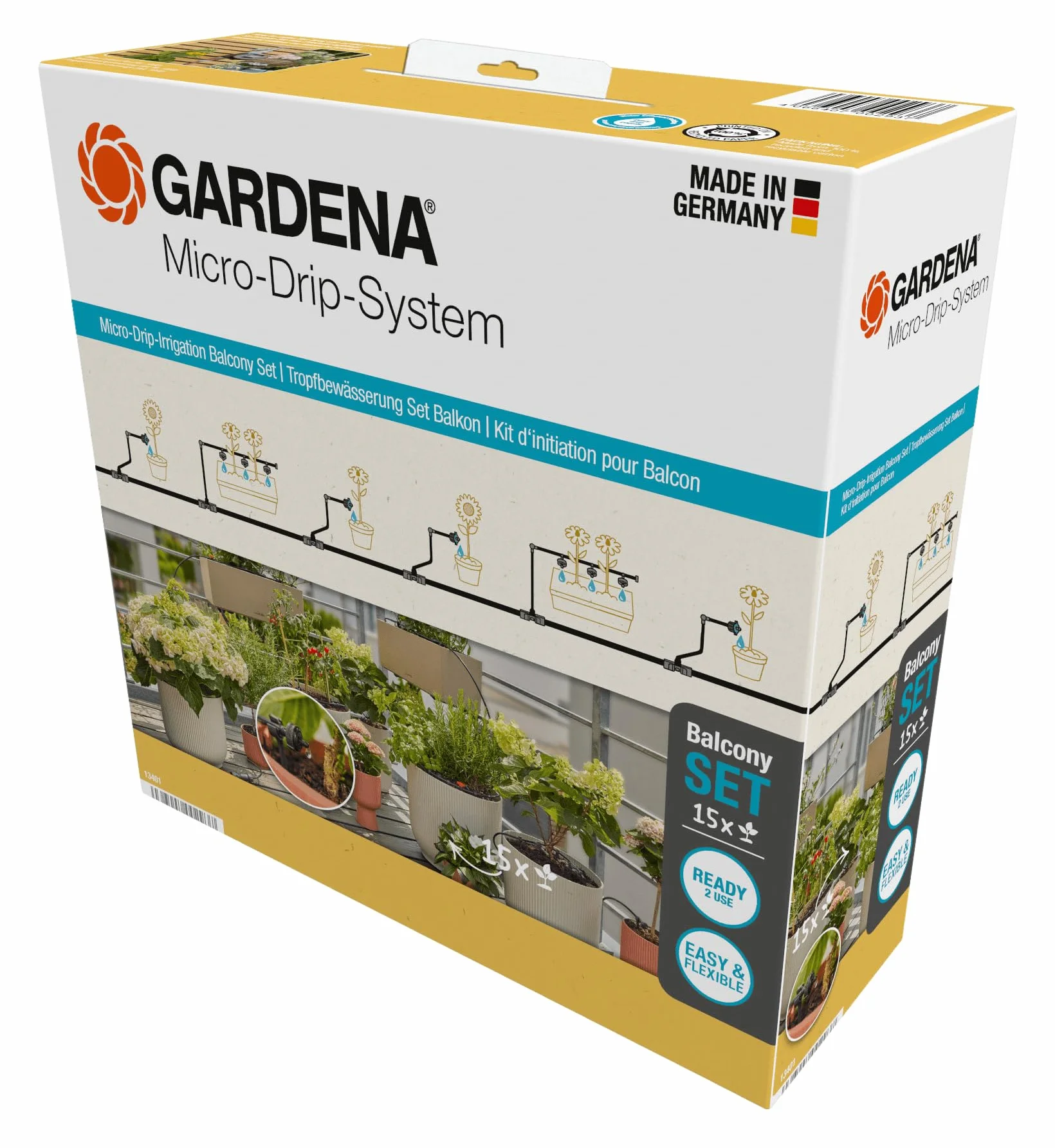 Gardena system Micro-Drip nawadnianie kropelkowe, zestaw balkonowy (15 roślin): Zest. startowy gotowy do zast., wodooszczędny sys. nawadniania, prosta i elastyczna tech. połączeniowa (13401-20)
