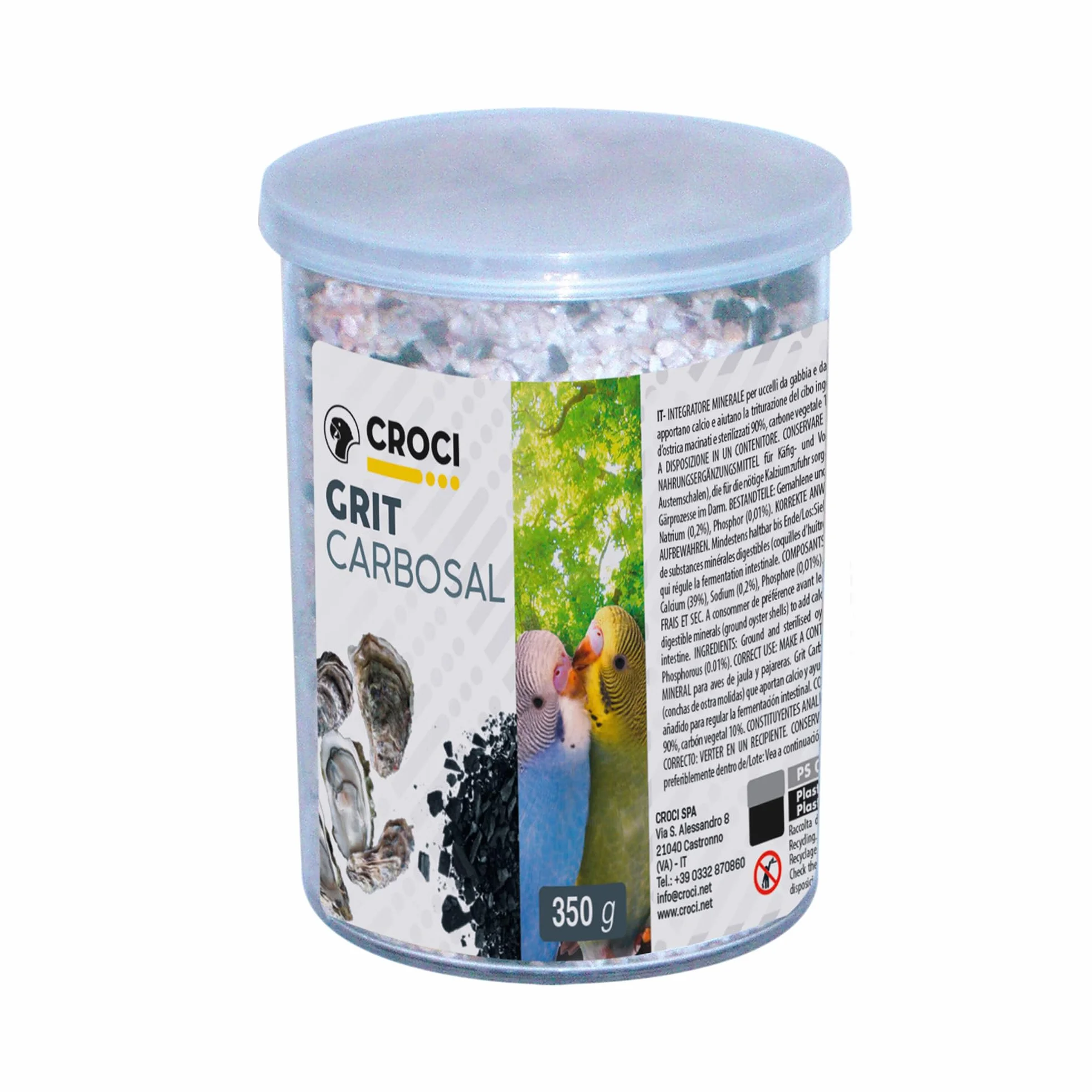 Croci Grit Carbosal 350 g - Mieszanka mineralna dla ptaków z wapniem i węglem roślinnym, z muszlami ostryg, wspomaga trawienie, dla kanarków, papug i ptaków egzotycznych