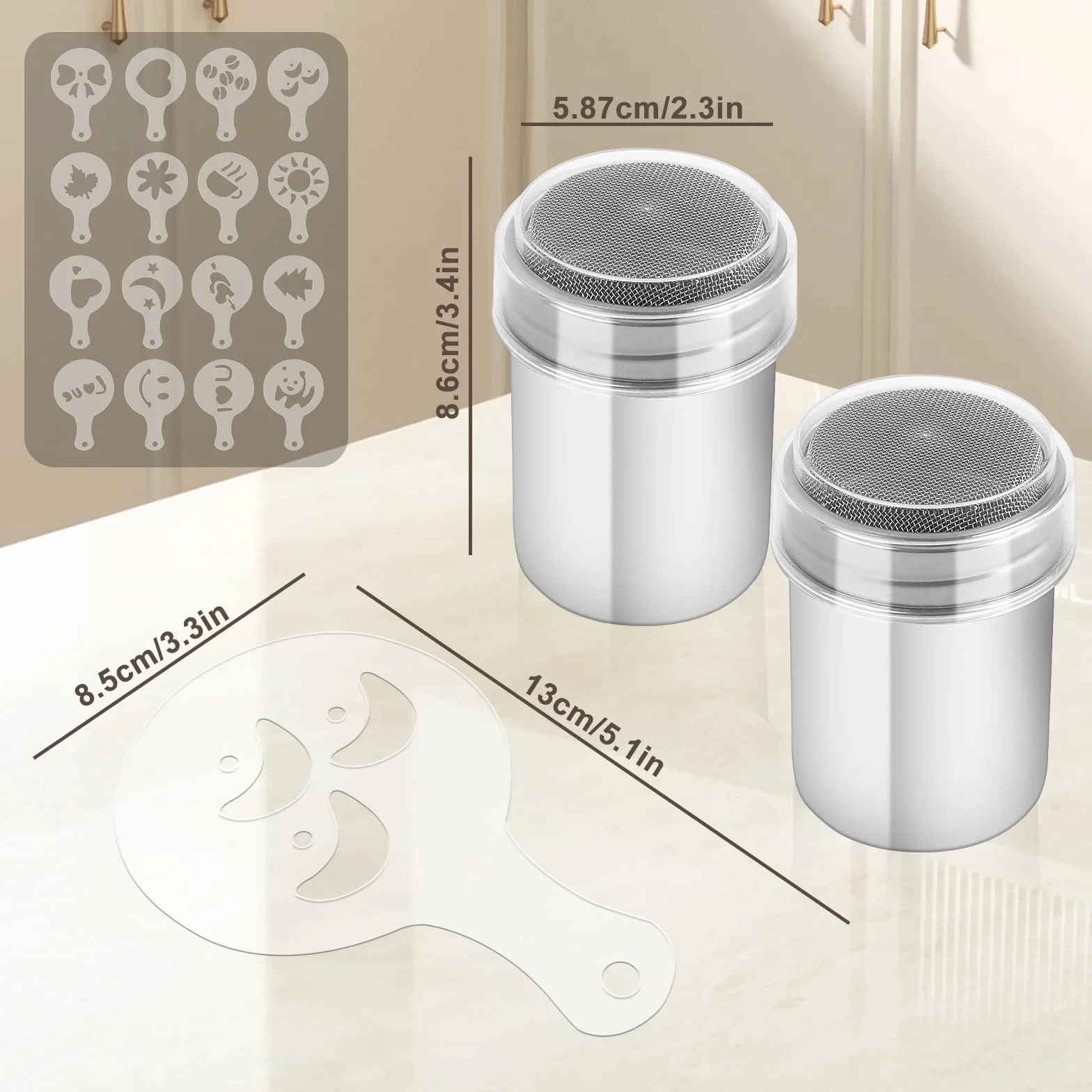 2 szt. Shaker do proszku ze stali nierdzewnej - Shaker z siatki do kakao, kawy, cappuccino - z pokrywką na czekoladę, rozpraszacz do cukru