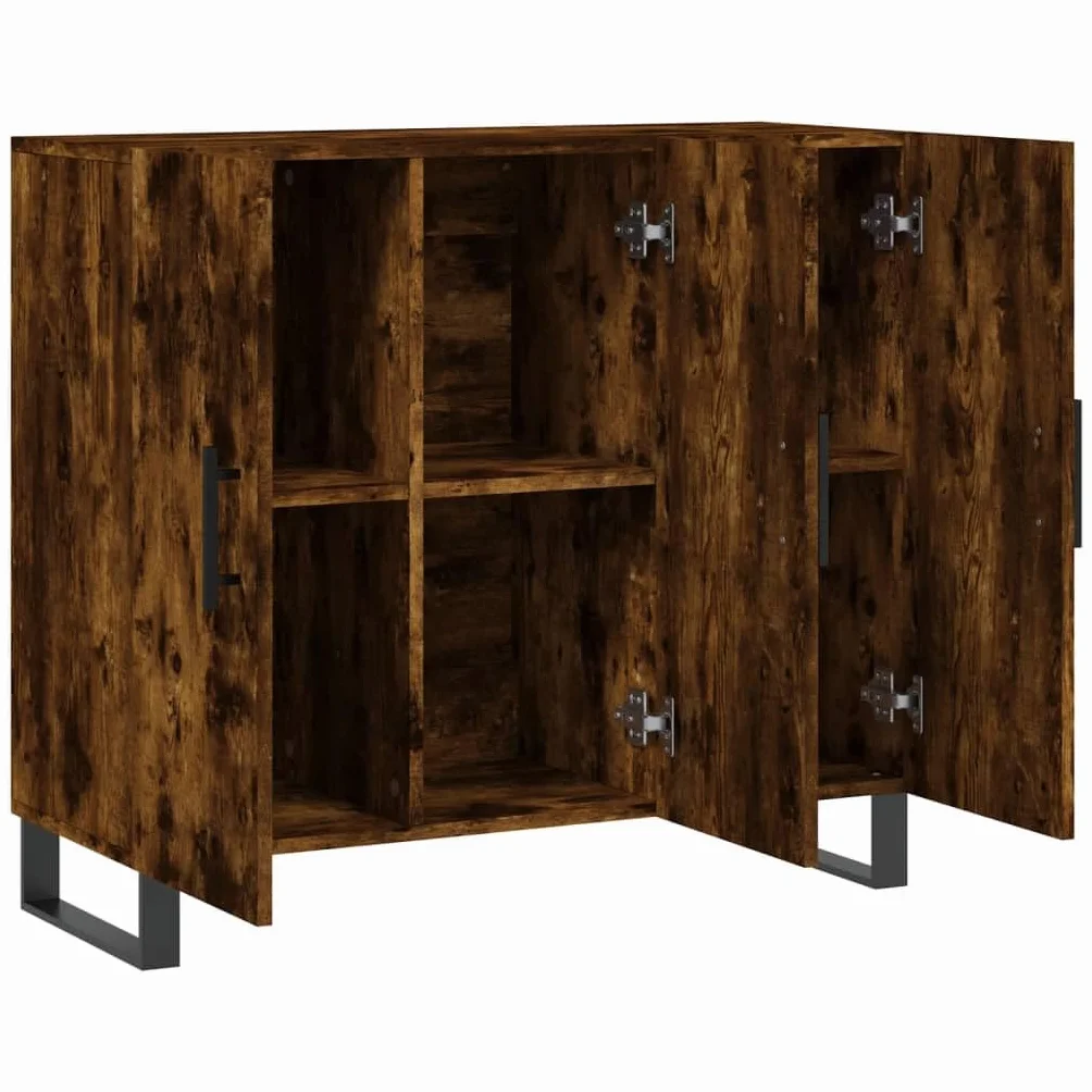 Générique Nowoczesny bufet wędzony dąb 90x34x80 cm, Meble do salonu z drewna konstrukcyjnego z metalowymi nogami, duża przestrzeń do przechowywania i praktyczne drzwi