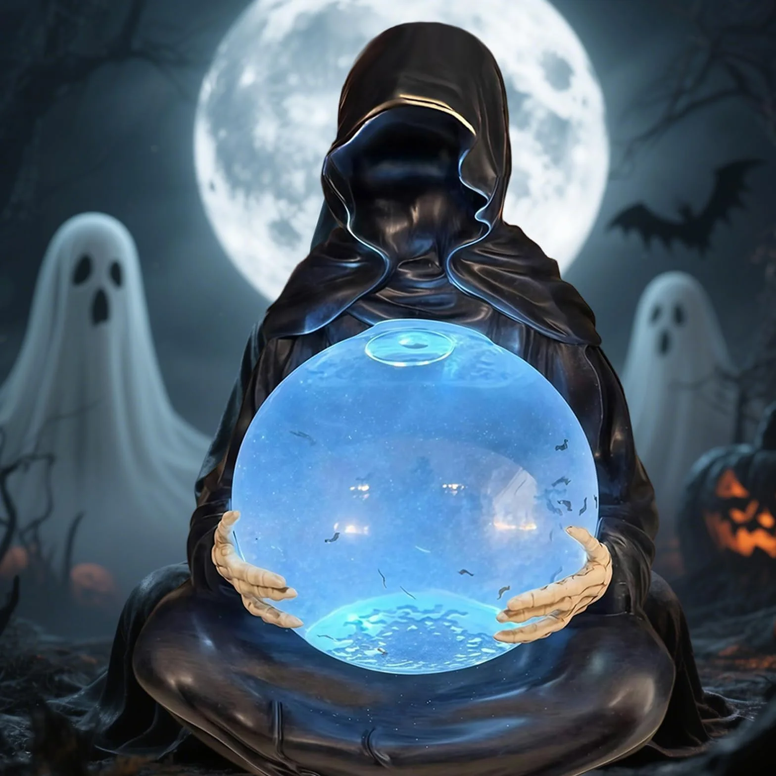 Kryształowa kula Boga Śmierci – światło LED, ponury żniwiarz, kula wodna, dekoracja na Halloween, gotycki płynny ruch, brokatowa kula wodna, czarny żniwiarz, kula śnieżna, dekoracja stołu na imprezę