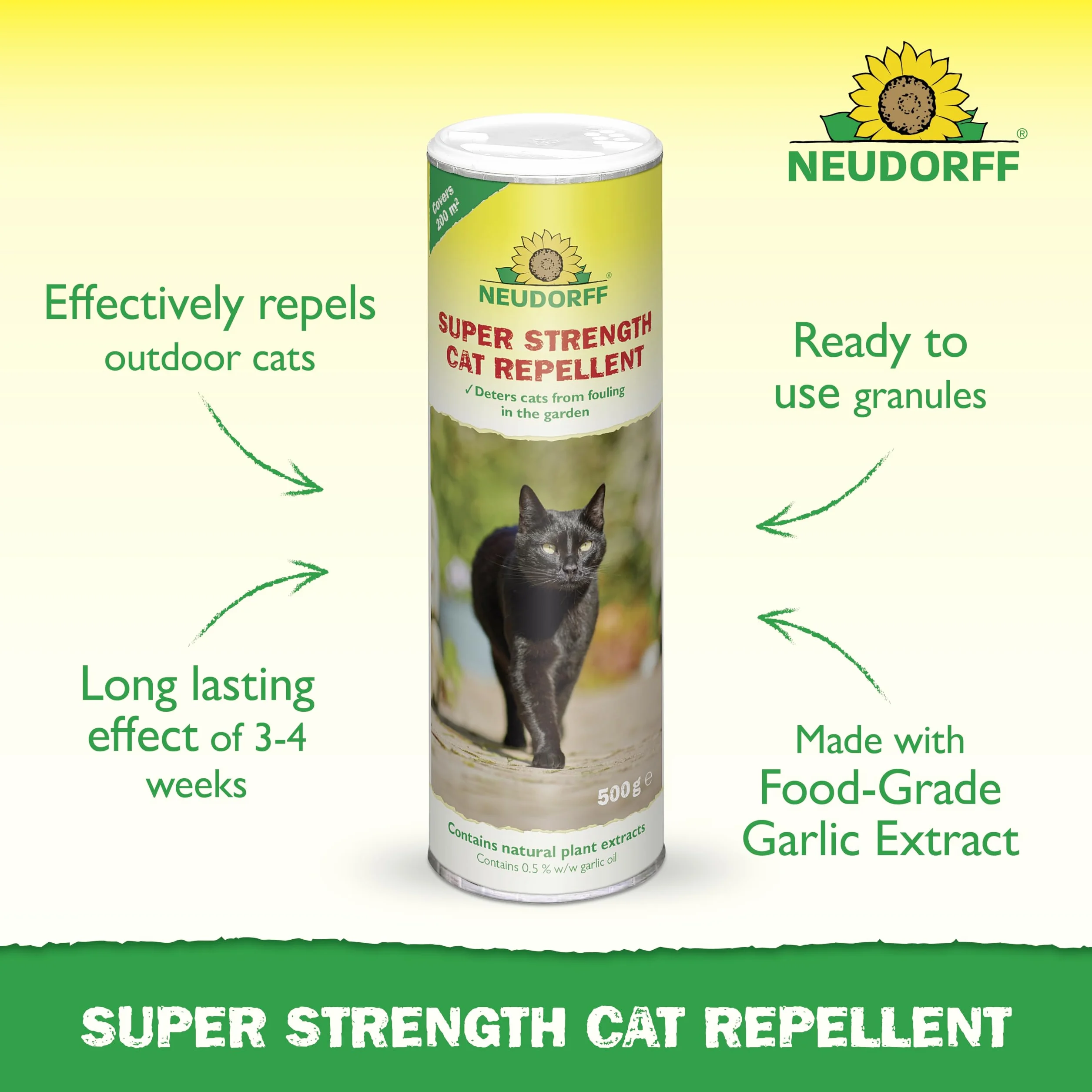 Neudorff Super Strength odstraszacz kotów – gotowy do użycia środek odstraszający skutecznie odstrasza koty bez ich szkody – pokrywa 200 m², 500 g