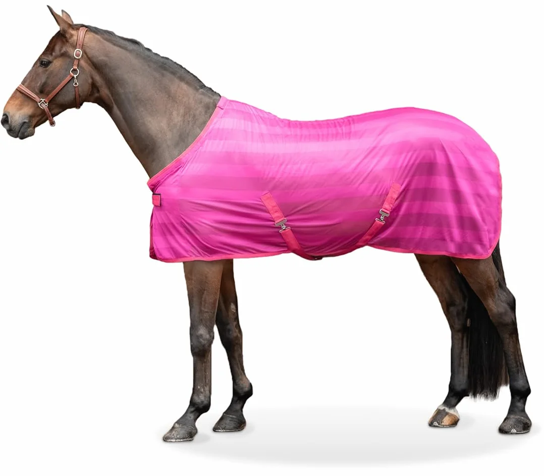 Equinate Koc na muchy Guardian z korekcją krzyżową i poduszką w kłębie 165 cm Raspberry – koc z egzemą ze skuteczną ochroną przed muchami i owadami – koc dla konia – koc pastwiskowy