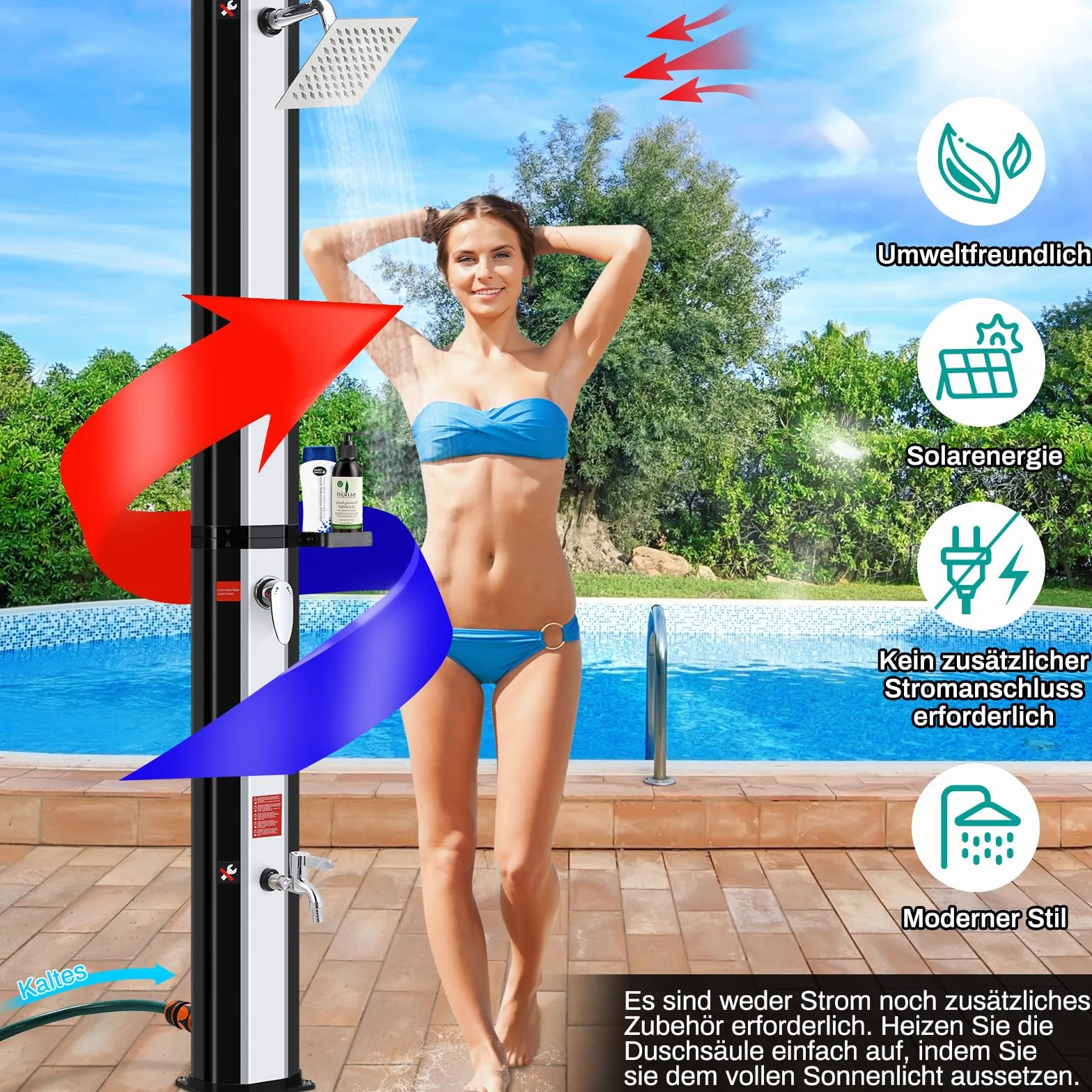 Prysznic solarny 40 l, prysznic ogrodowy, ciepła woda do 60°C, z deszczownicą, kranem, skrzynką na mydło i pokrowcem ochronnym, prysznic basenowy, na kemping, do ogrodu, na balkon i basen, bez