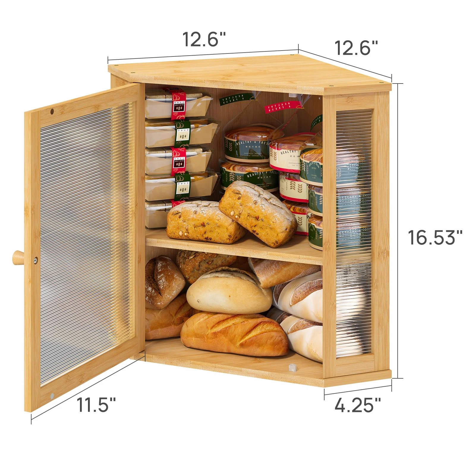 viewcare Bardzo duży pojemnik na chleb, narożny pojemnik na chleb do blatu kuchennego, drewno bambusowe o dużej pojemności pojemnik do przechowywania chleba z akrylowym panelem drzwiowym falistym
