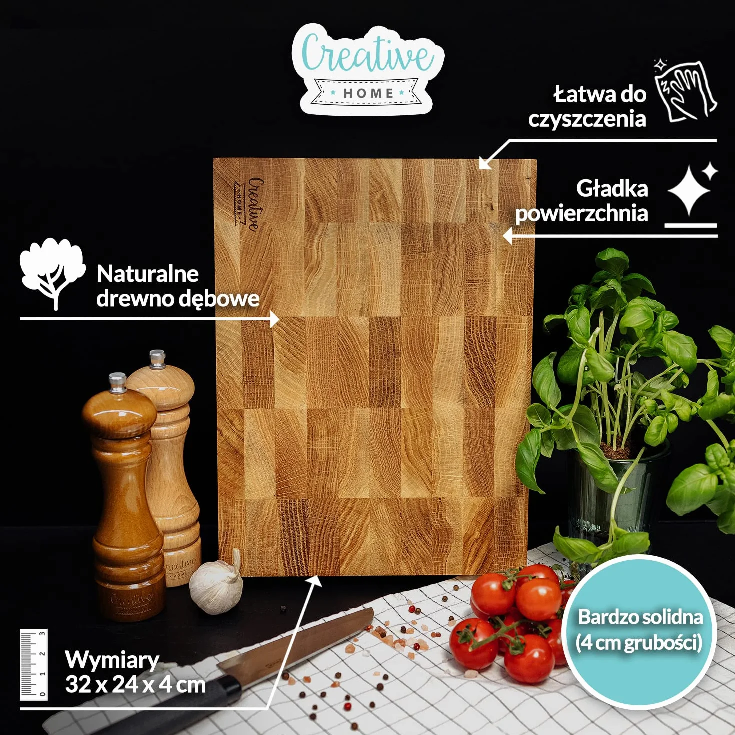 Creative Home Dębowa Deska do Krojenia | 32 x 24 x 4 cm | Naturalne Drewno Dębowe | Prostokątna Duża Profesjonalna Deska Rzeźnicza | Odwracalna | Idealna do Kuchni, Restauracji