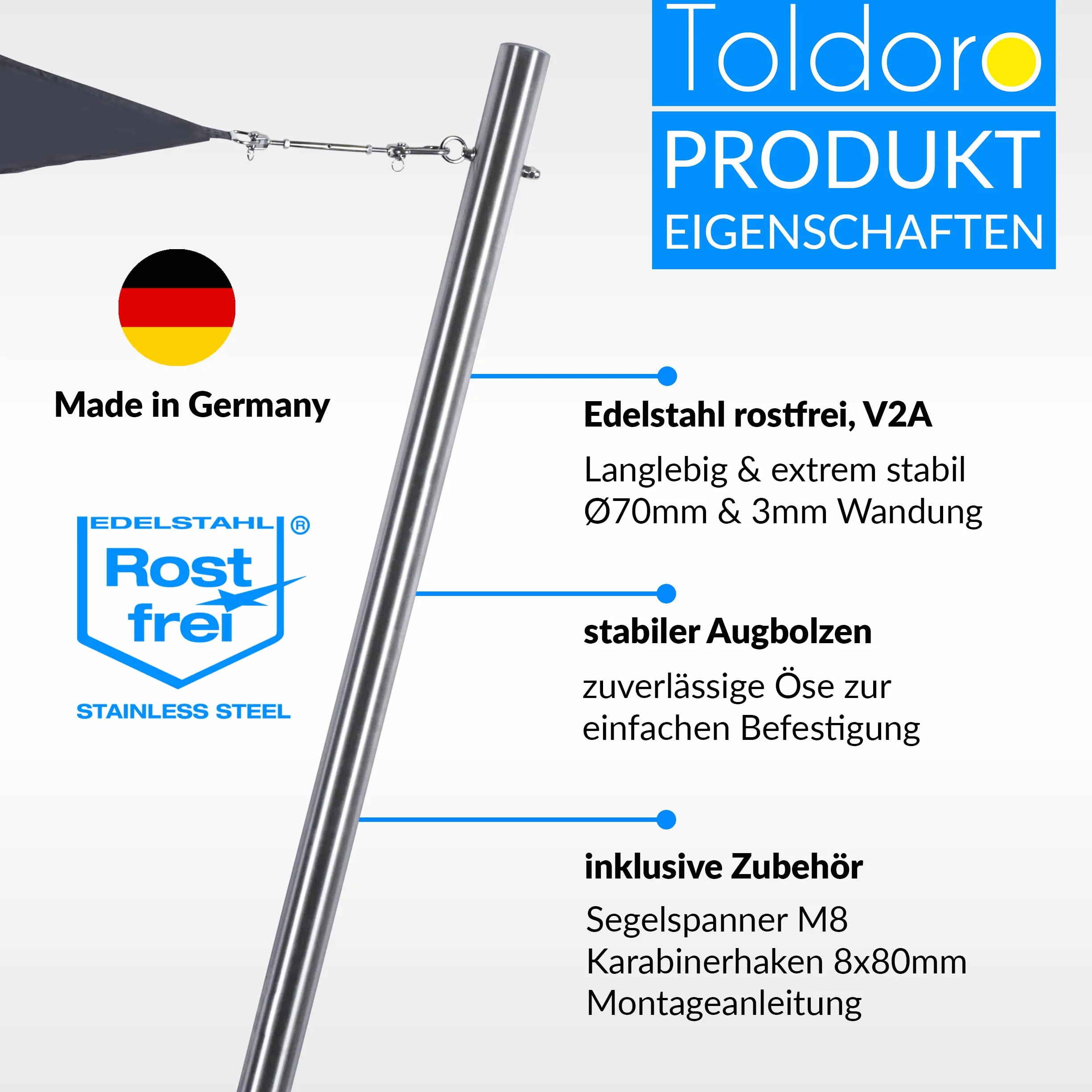 Toldoro® 3 m maszt na żagiel przeciwsłoneczny z bolcem oczkowym / Ø 70 mm, nierdzewny maszt przeciwsłoneczny ze stali szlachetnej V2A / słupek do żagla przeciwsłonecznego/stabilny żagiel