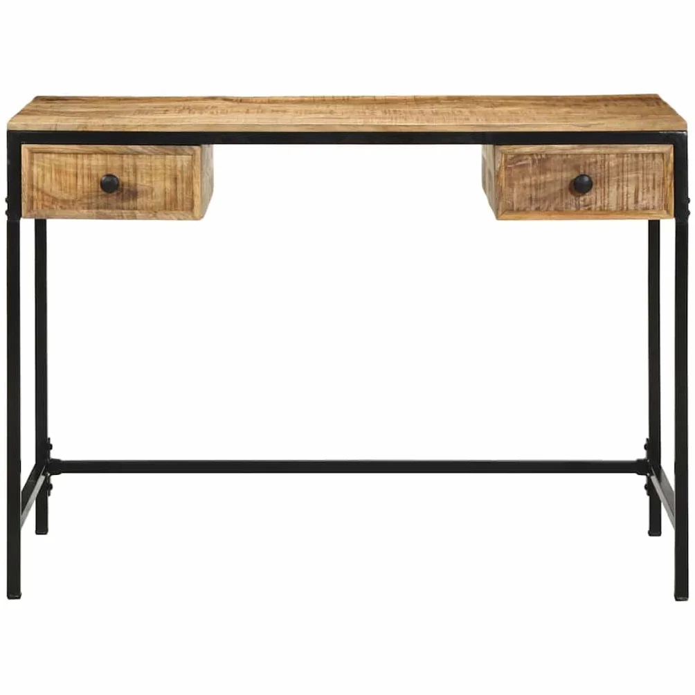 Rustykalne biurko z litego drewna mango z metalową ramą, brązowe 105 x 50 x 75 cm, do sypialni lub gabinetu, z praktycznymi przegródkami na przybory piśmiennicze