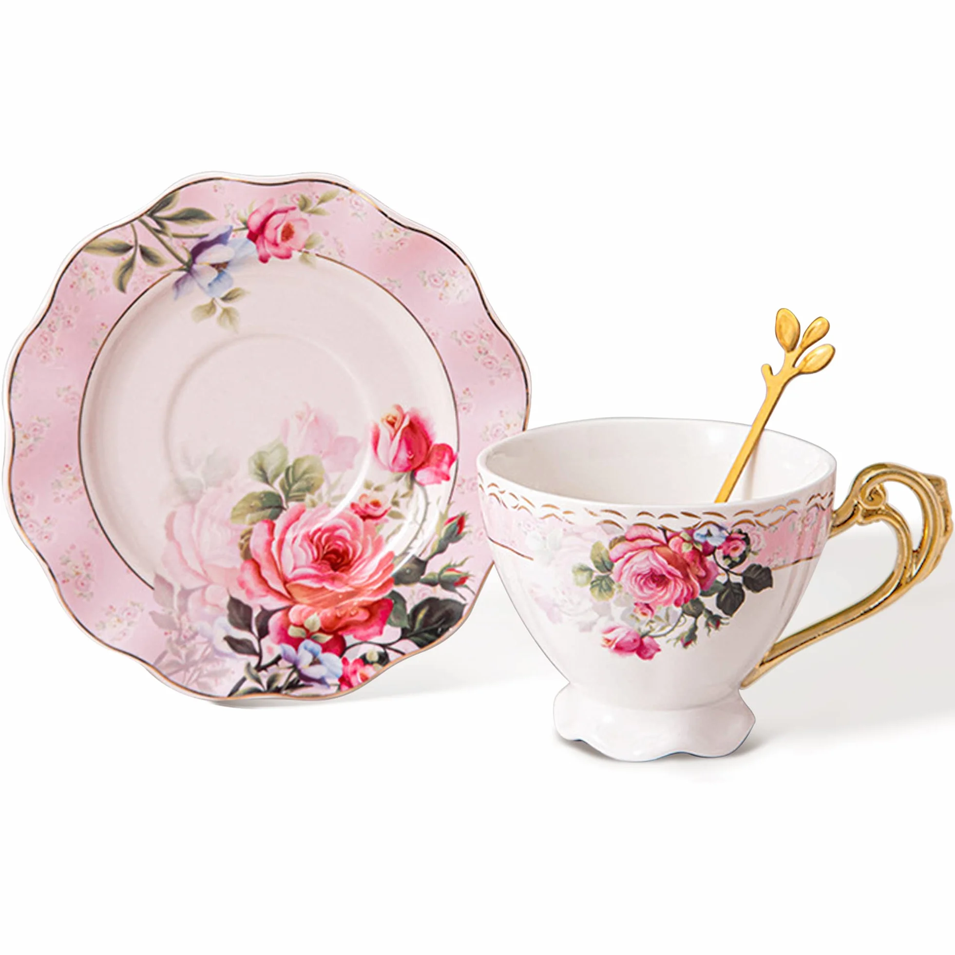 Zestaw filiżanek do herbaty i spodków, zestaw do herbaty, czerwony kwiatowy kubek do kawy ze spodkiem, porcelanowa filiżanka do herbaty ze złotym wykończeniem, zestaw filiżanek do kawy i herbaty na