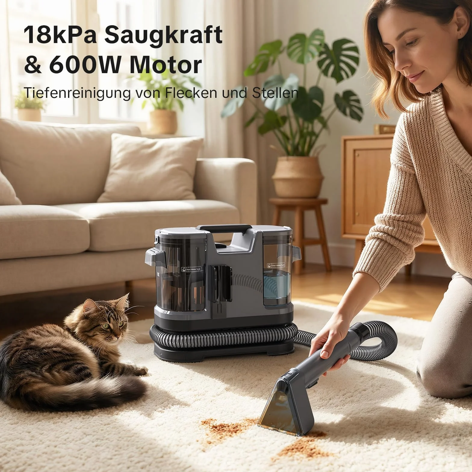 Lubluelu Urządzenie do czyszczenia dywanów na mokro, 600 W – 18 kPa, przenośne urządzenie do czyszczenia dywanów z samoczyszczeniem i długim wężem do dywanów, sof i wnętrz samochodowych