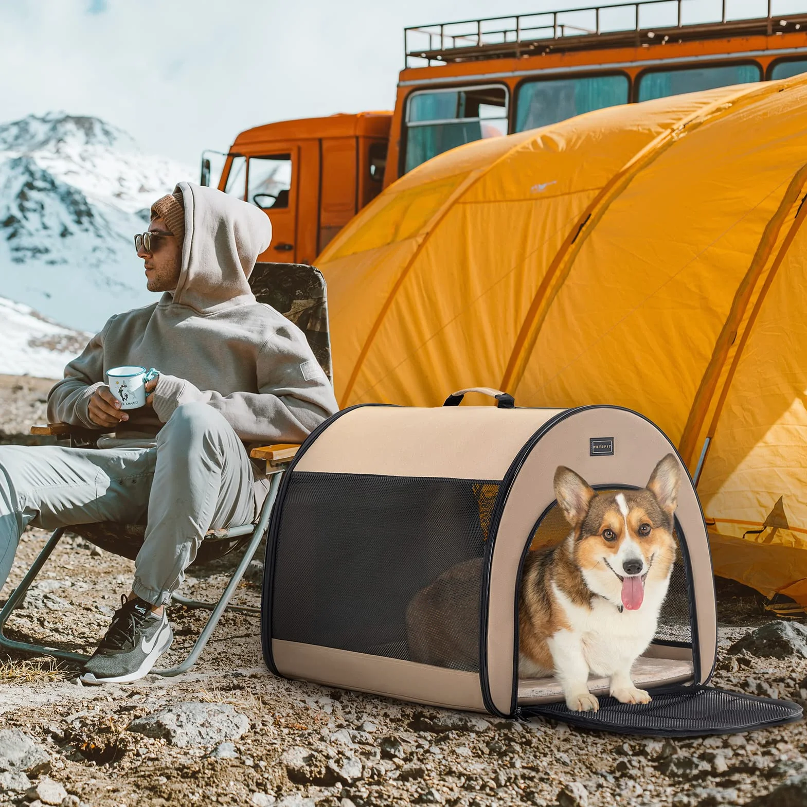 Petsfit Składany Transporter dla Psów do Samochodu 65 x 49 x 50 cm Khaki