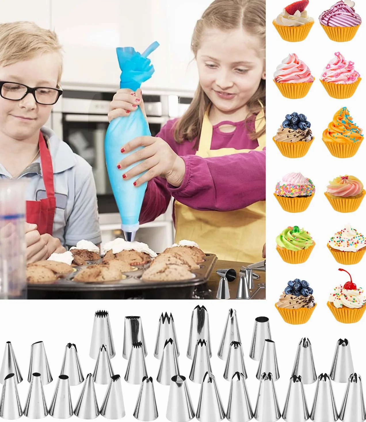 LEAZZLE 44 sztuki worków do wyciskania z końcówkami, zestaw 26 dysz do wyciskania, 10 worków do wyciskania, 1 łącznik, 1 worek do wyciskania wielokrotnego użytku, 3 skrobaki do dekorowania ciast i