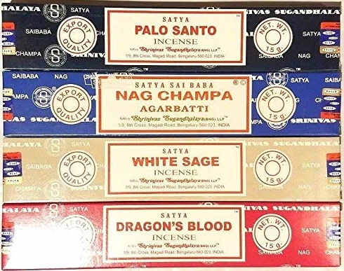 4 pudełka na kadzidełka Nag Champa, Palo Santo, smok, biała szałwia
