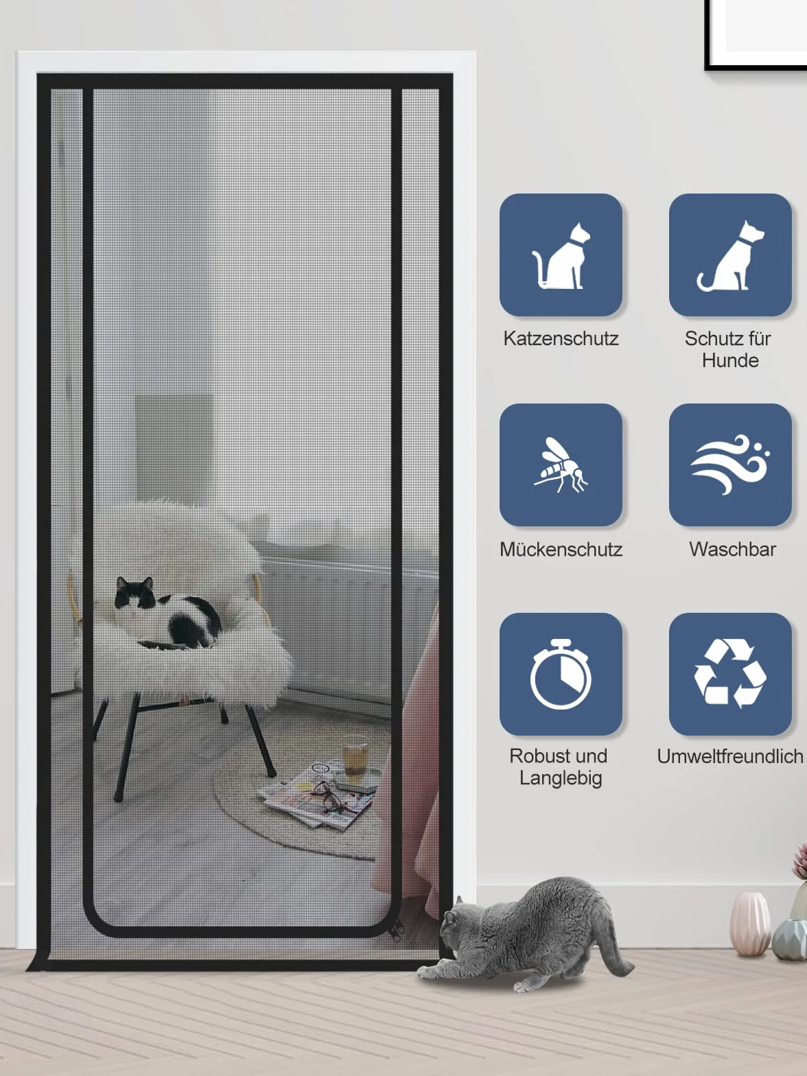 Cat Screen Tür passend für Türgröße 90 cm x 200 cm, Haustier-Fliegengitter-Tür, Trenngitter für Katzen, Doppelreißverschluss