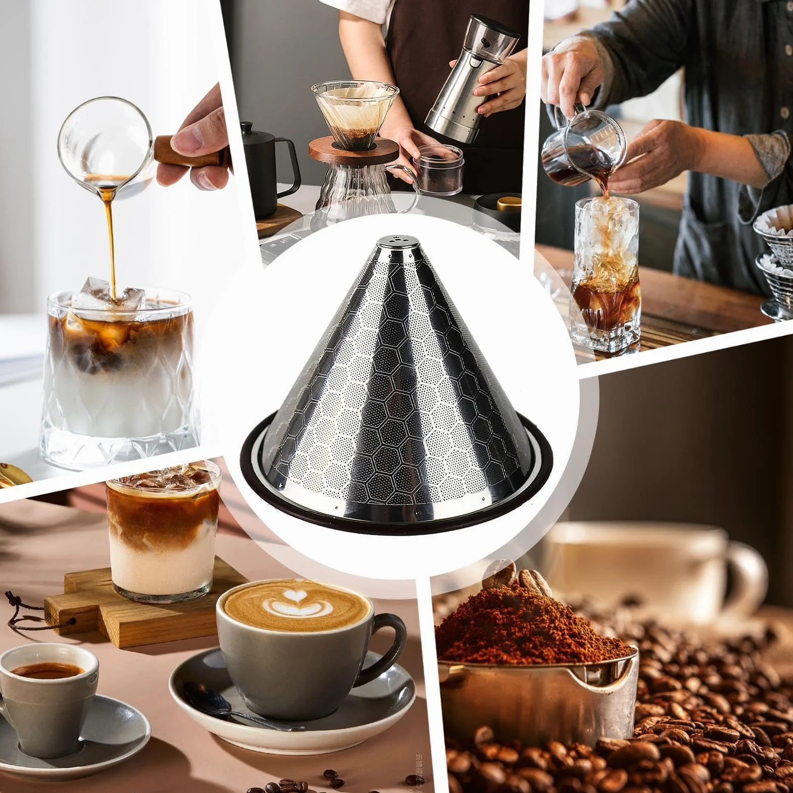 Drobne sito siatkowe, narzędzie sitkowe, Pour Over Coffee Filter, Stainless Steel Coffee Strainer Cone Coffee Filters Honeycomb Fine Mesh, Single Cup Coffee Maker, Paperless Coffee Drip Brew Tool