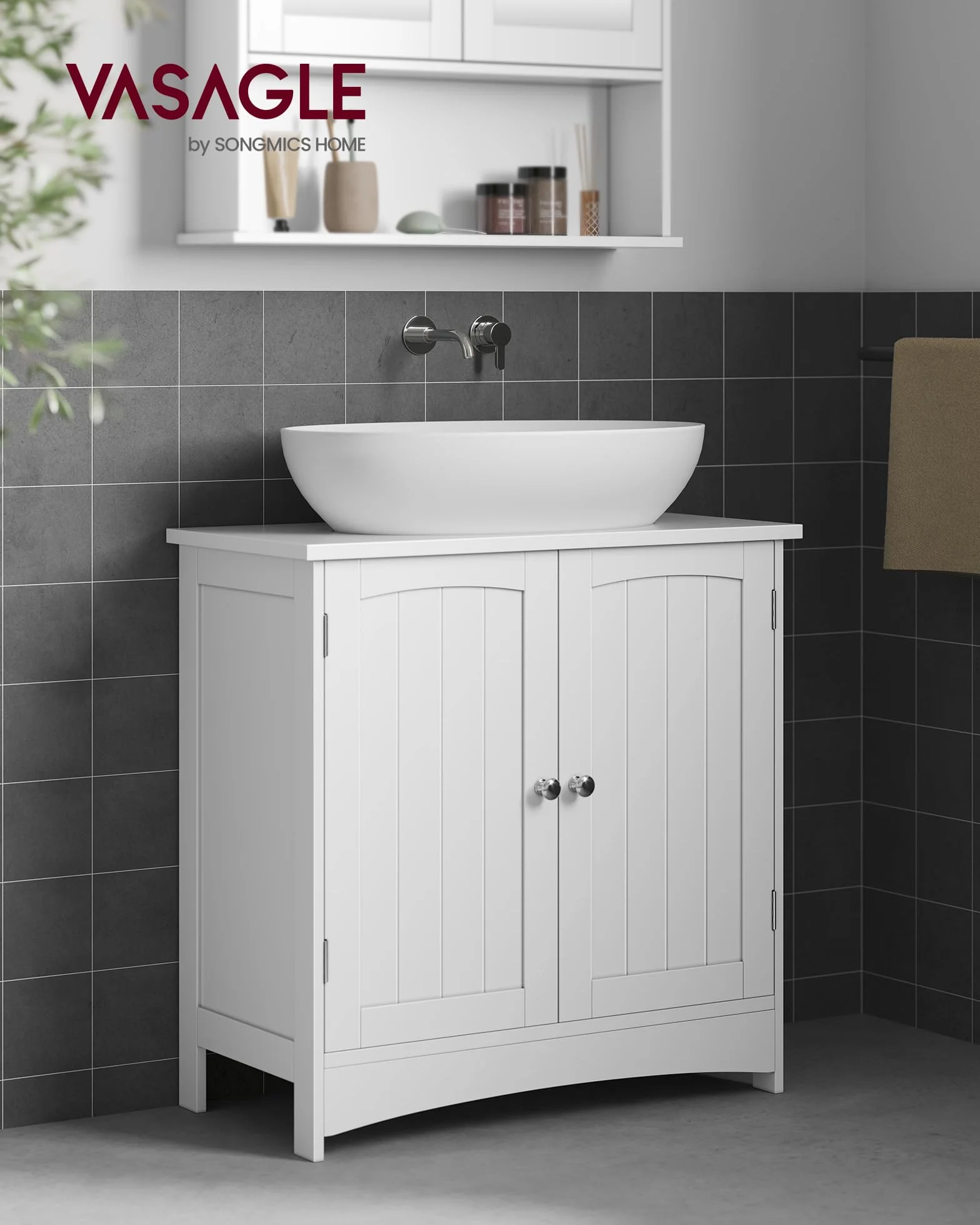 VASAGLE BBC01WT szafka pod umywalkę, szafka łazienkowa, 2-drzwiowa, z regulowaną półką, biała, 60 x 60 x 30 cm (szer. x wys. x głęb.), BBC01WT