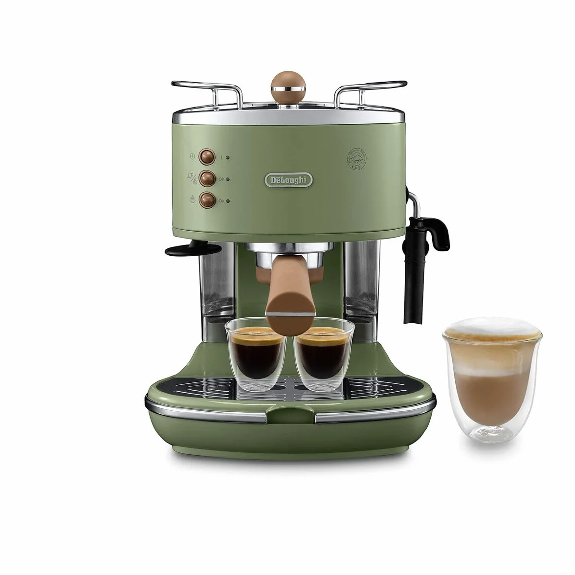De'Longhi Icona Vintage ECOV 311.GR – ekspres do espresso w stylu retro, ekspres do espresso z ręcznym spieniaczem do mleka, do zmielonej kawy lub saszetek ESE, zbiornik na wodę 1,4 l, zielony