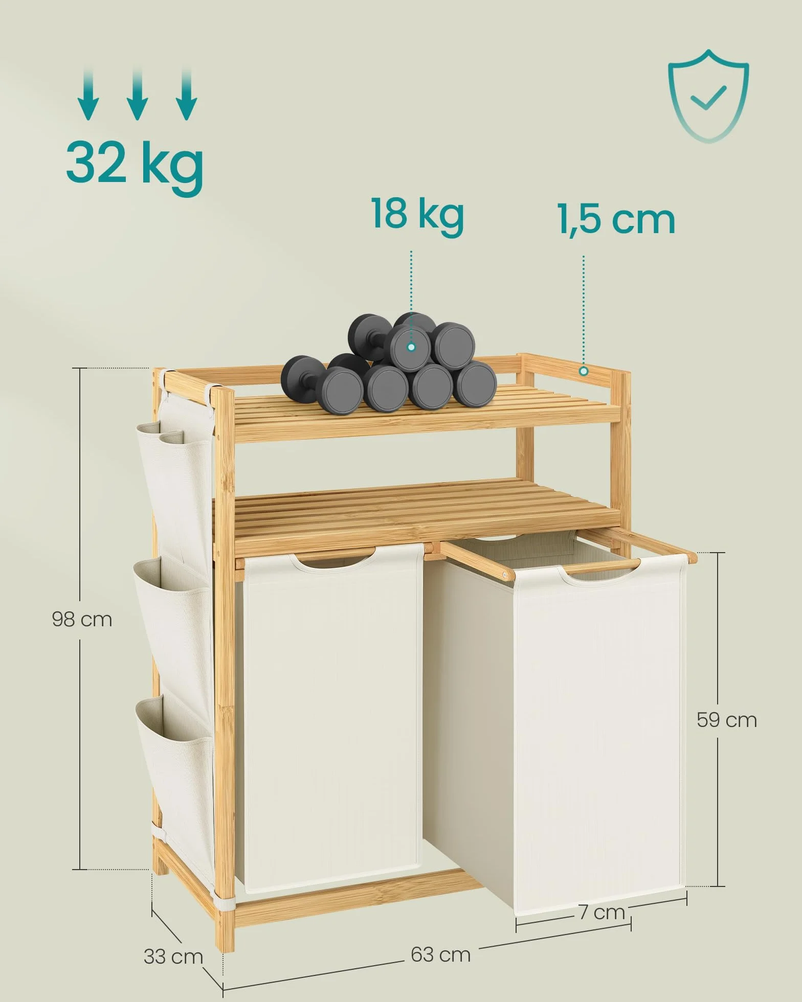 SONGMICS Kosz na pranie z 2 przegródkami, kosz na pranie, pojemność do 100 l, z półką, workiem na pranie, kieszeniami bocznymi, 2 x 50 l, 63 x 33 x 98 cm, kremowo-biały RLH200W01
