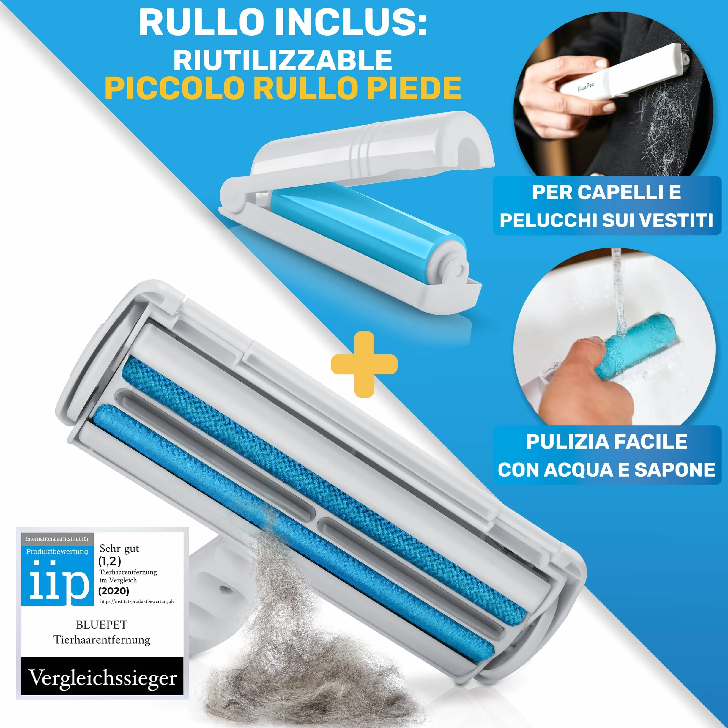 BluePet przyrząd do usuwania sierści zwierząt z mini szczotką i wałkiem zmywalnym