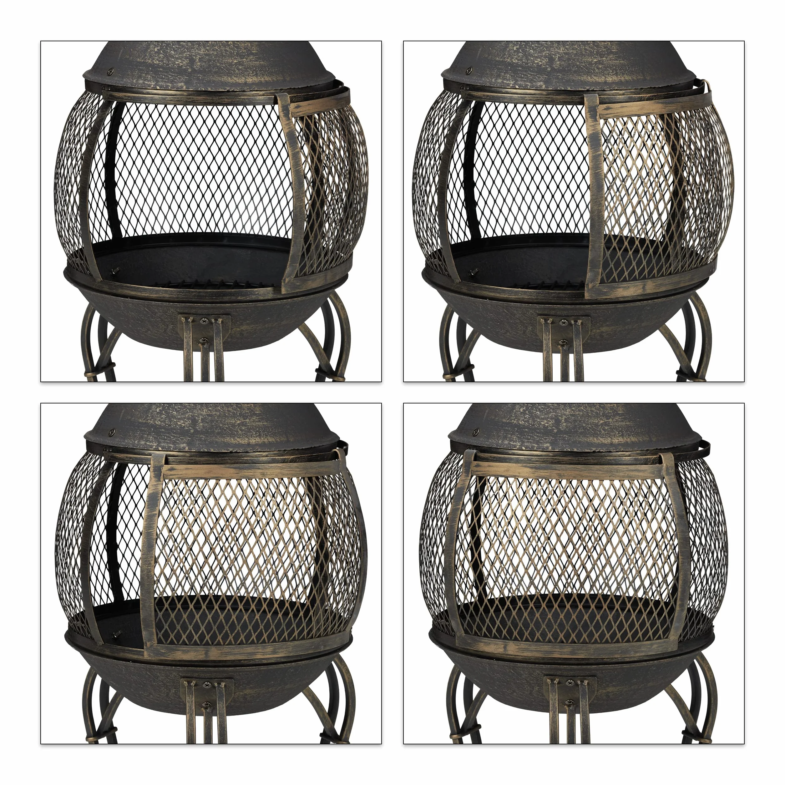 Relaxdays Piec tarasowy, stal i żeliwo, wys. x śr.: 88 x 36 cm, kominek ogrodowy, ochrona przed iskrami, Chiminea, piec aztecki, czarny/złoty