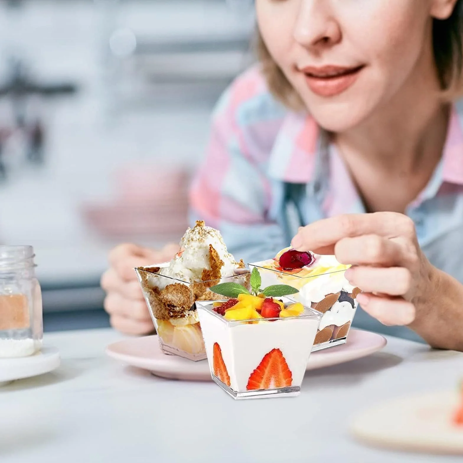 Zestaw 100 kubeczków deserowych, miseczki deserowe o pojemności 60 ml oraz kubeczki deserowe wielokrotnego użytku, odpowiednie do musów (60ML, 100, sztuk)