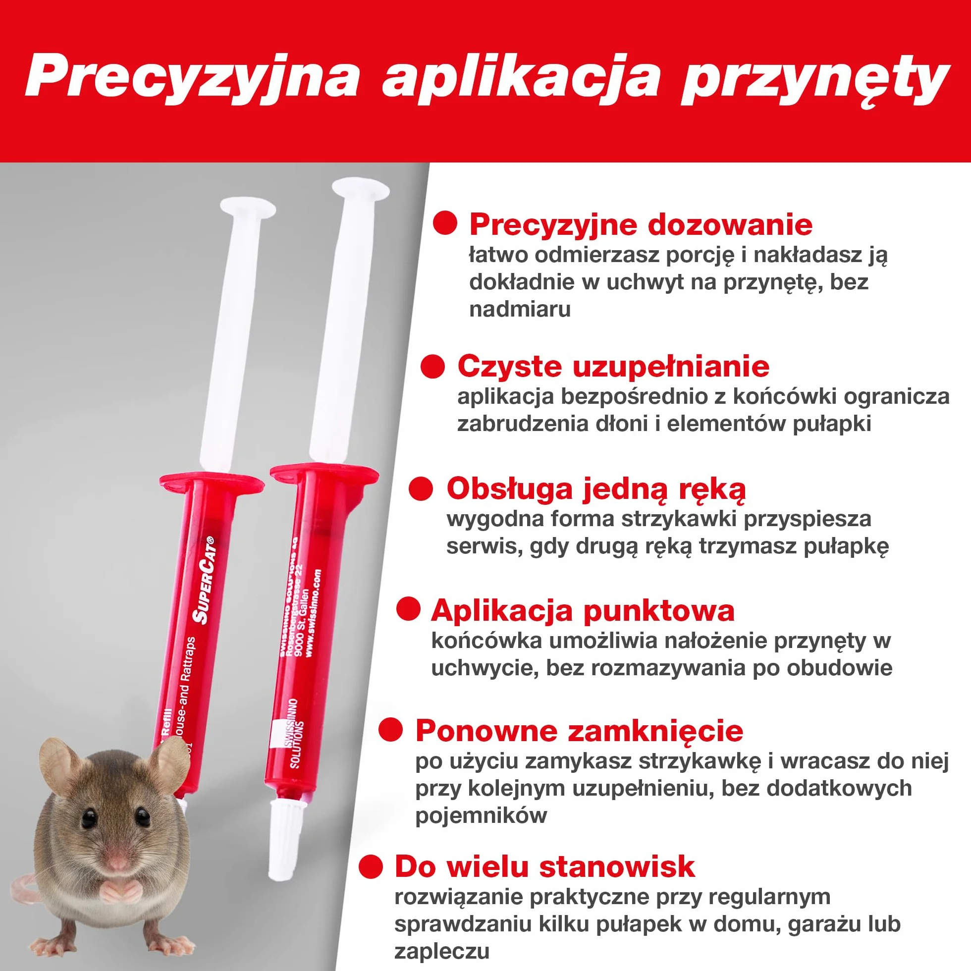 SWISSINNO SuperCat Przynęta Zapasowa w Strzykawkach z Masłem Orzechowym do Pułapek na Myszy i Szczury – Skuteczny Wabik Pokarmowy, Kompatybilny z Pułapkami SuperCat, 2 szt.