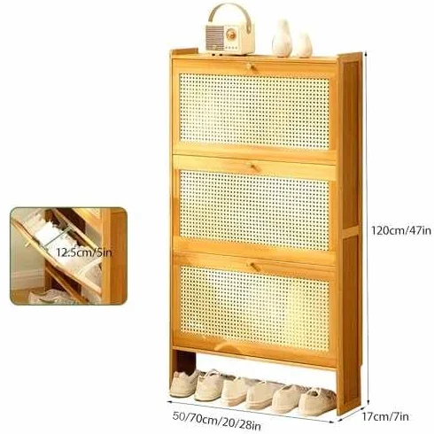Smukła szafka na buty z rattanu z uchylnym pojemnikiem, organizer do przedpokoju i salonu z 3 szufladami, oddychający design z bambusa, 50 x 17 x 120 cm
