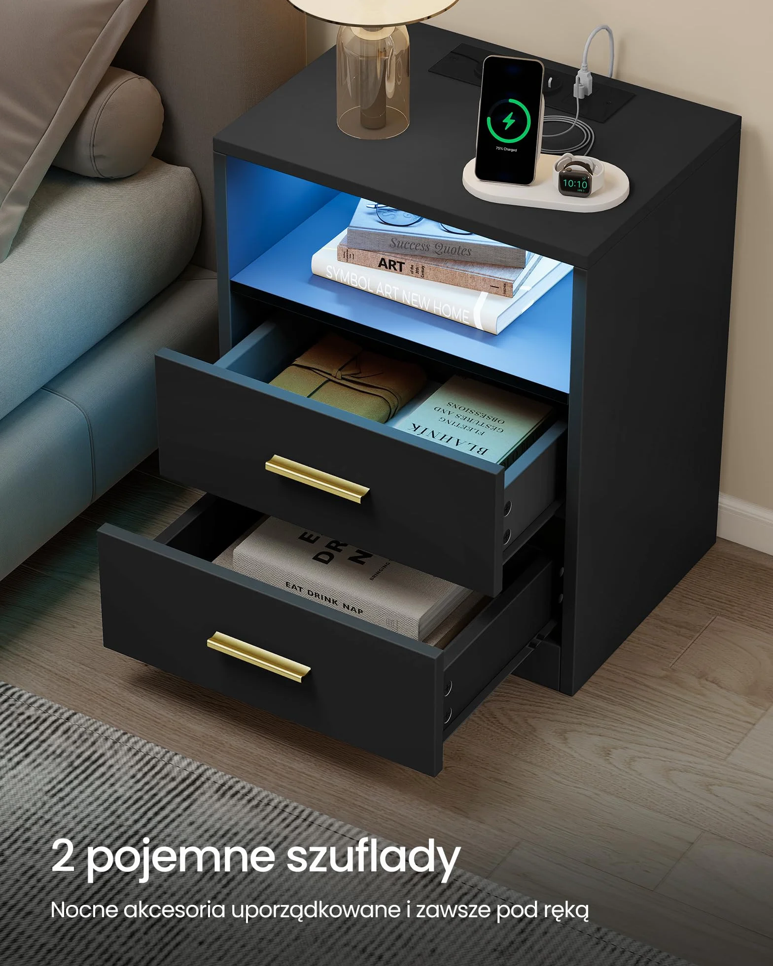 VASAGLE Kolekcja CUSTOS – stolik nocny ze stacją ładującą, zestaw 2 szt., oświetlenie LED, stolik boczny, z szufladami, 2 gniazdkami sieciowymi i portami USB, czarny atramentowy LET829BC01