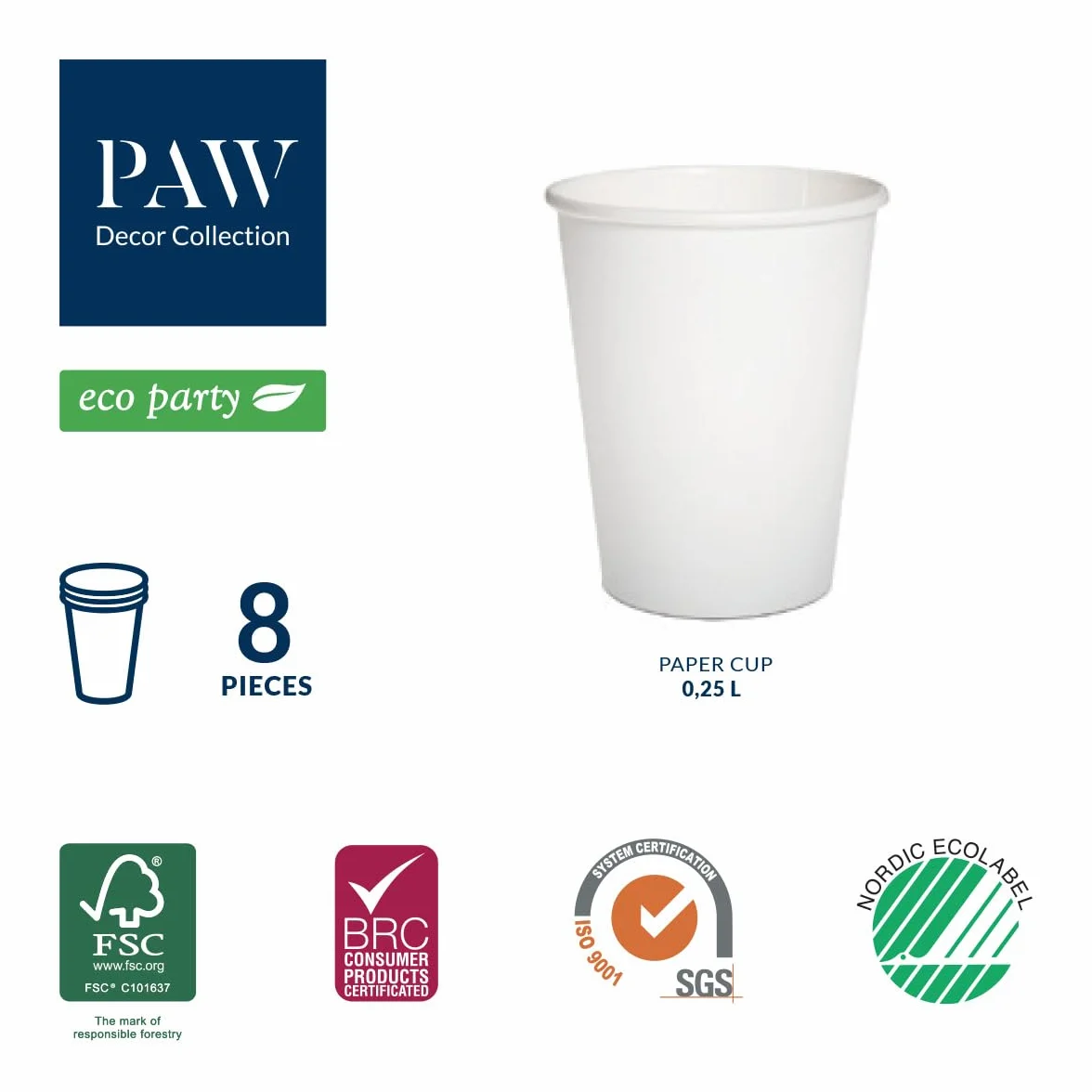 PAW - Jednorazowe kubki papierowe (250 ml) I 8 sztuk, idealne na ślub, przyjęcie dla dzieci, urodziny, uroczystości, nadruk na papierze na bazie wody, złoty eukaliptus