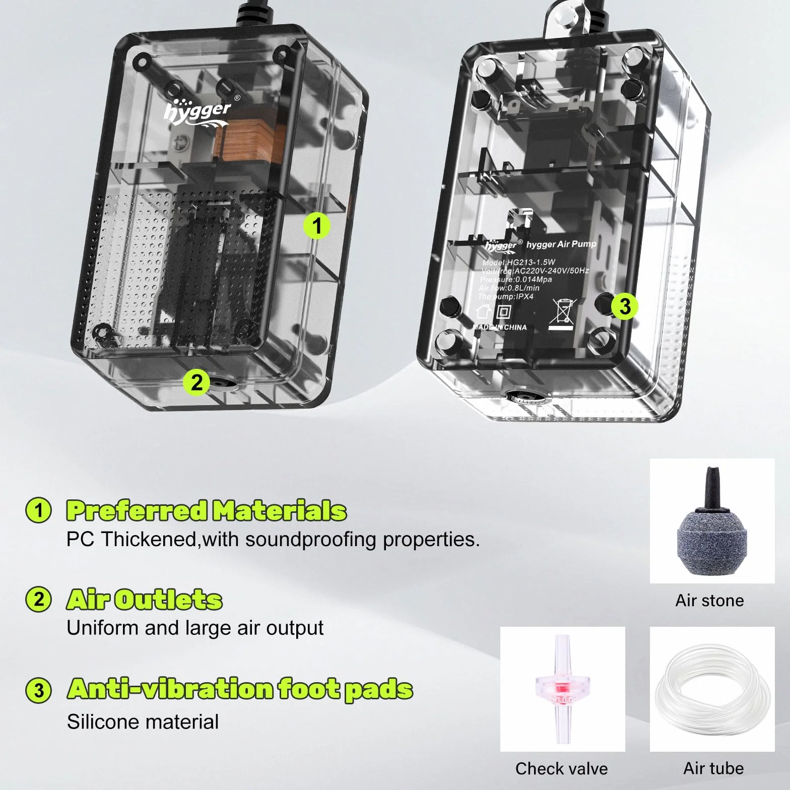 hygger Pompa tlenowa do akwarium, pompa powietrza 1,5 W, cichy perlator < 40 dB, regulowana pompa membranowa 800 ml/M, energooszczędna z przezroczystą strukturą, do basenów rybnych i nanoakwariów