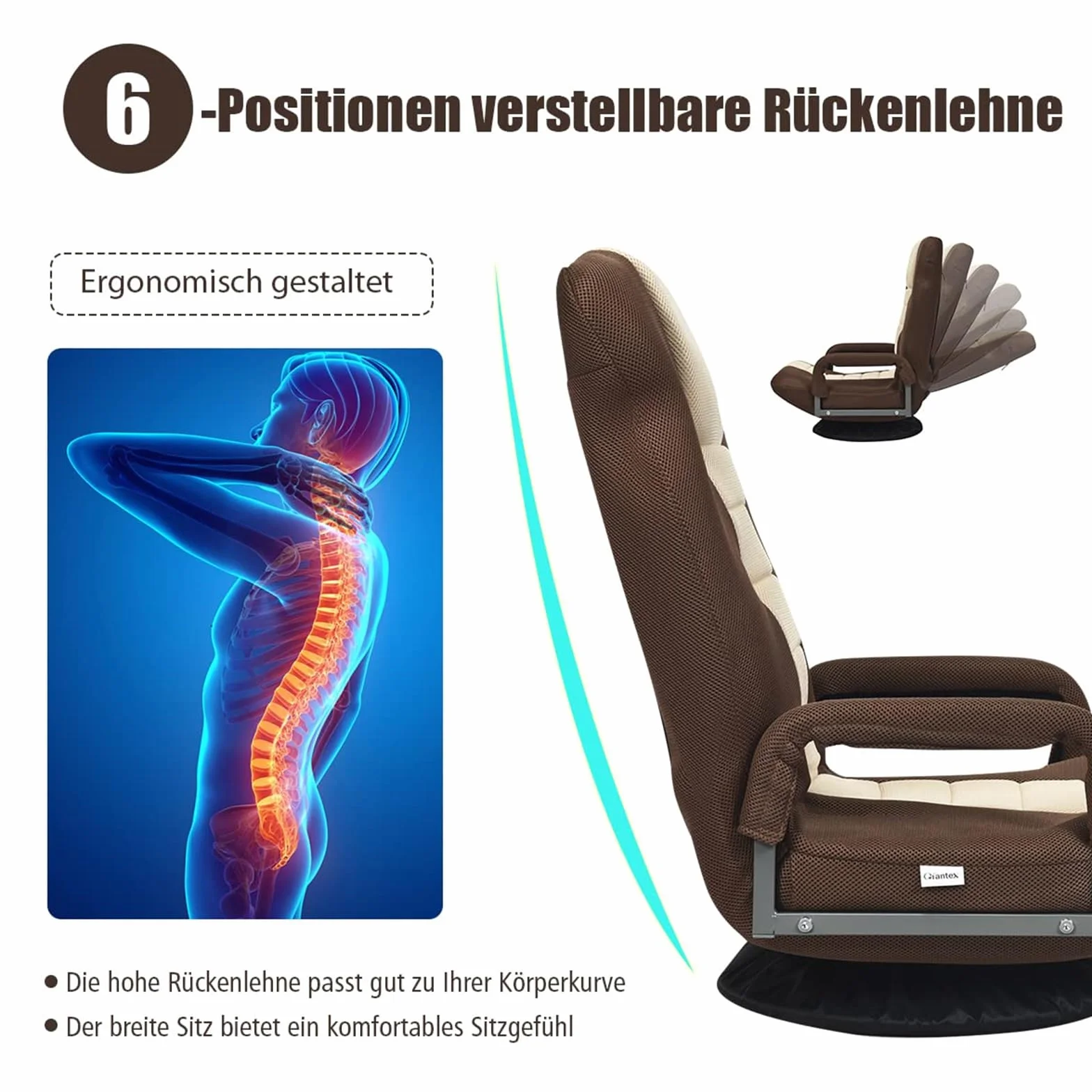 COSTWAY Krzesło podłogowe obracane o 360°, fotel podłogowy z 6-stopniową regulacją oparcia, tapicerowany fotel gamingowy, sofa podłogowa, krzesło do medytacji, nośność do 140 kg, Lazy Sofa (brązowe)
